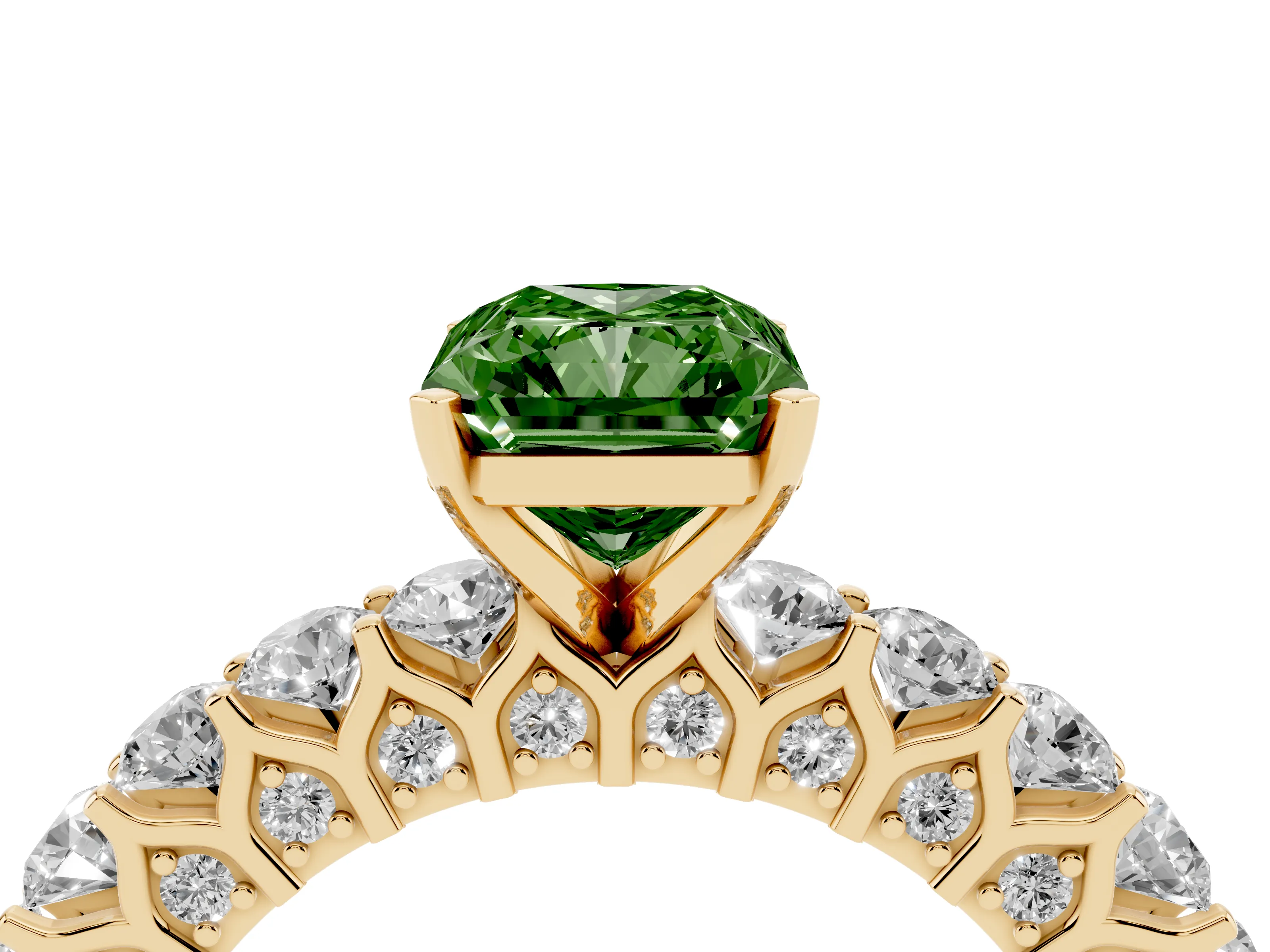 Fancy Green Radiant Cut Diamond Solitaire Ring Set in Yellow gold with Shared Prong Pavé Band
