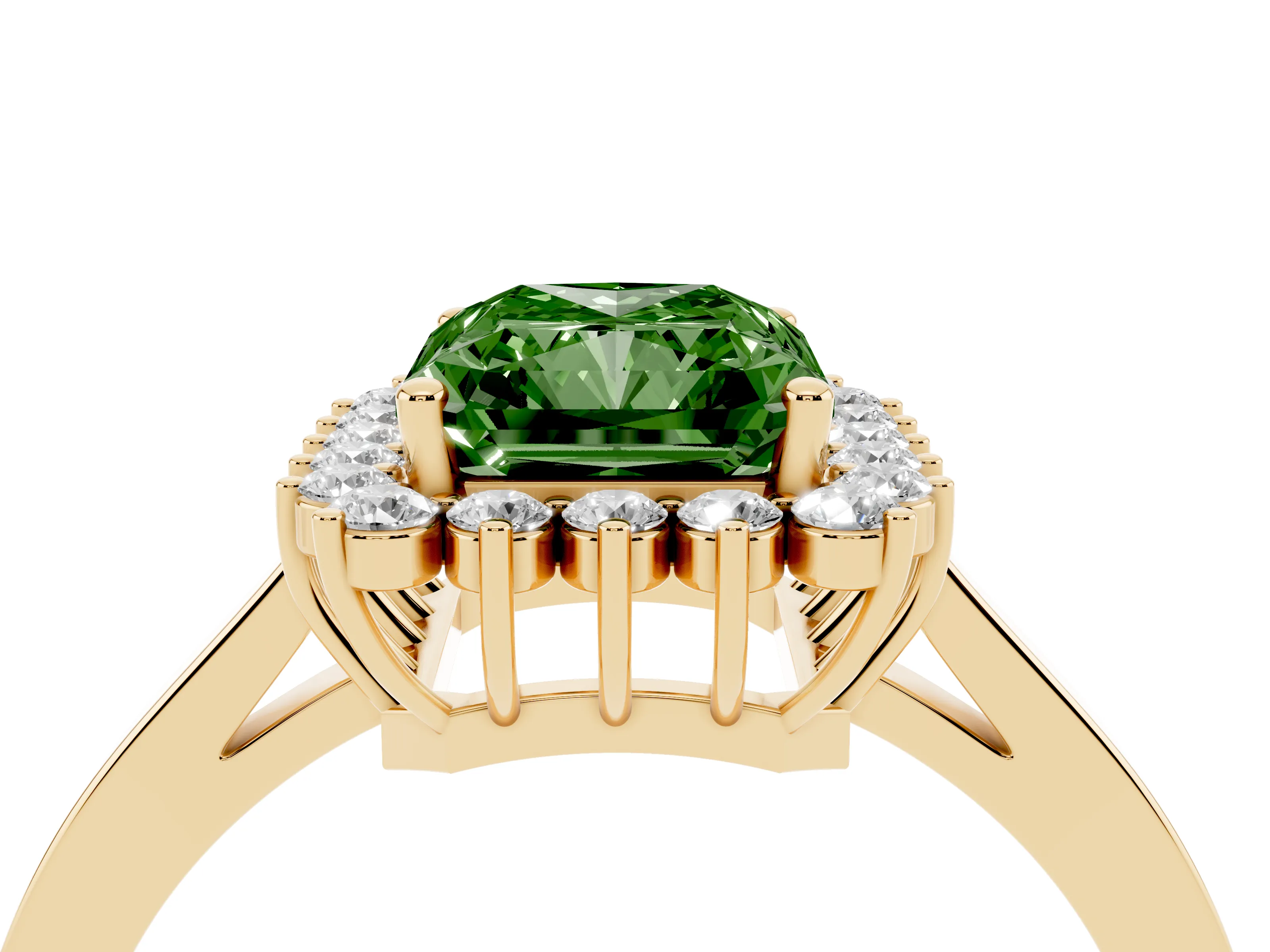 Fancy Green Radiant Cut Diamond Halo Ring Set in Yellow gold with Round Halo and Smooth Solitaire Band