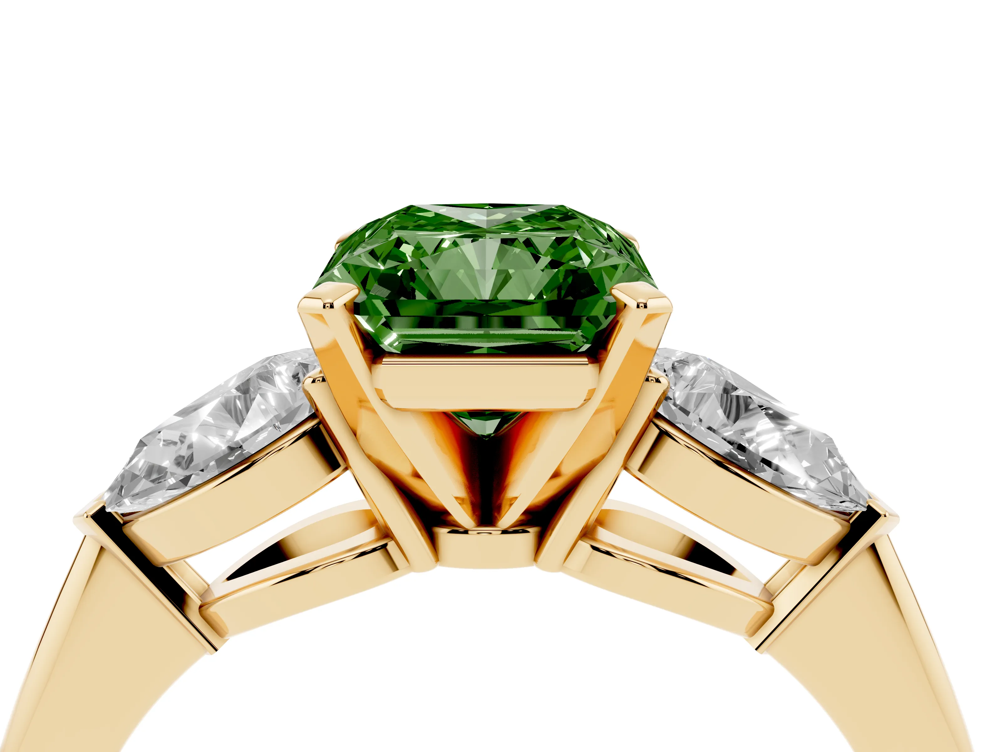 Fancy Green Three-Stone Radiant Cut Diamond Ring Set in Yellow gold with Pear Side Stones and Prong Setting