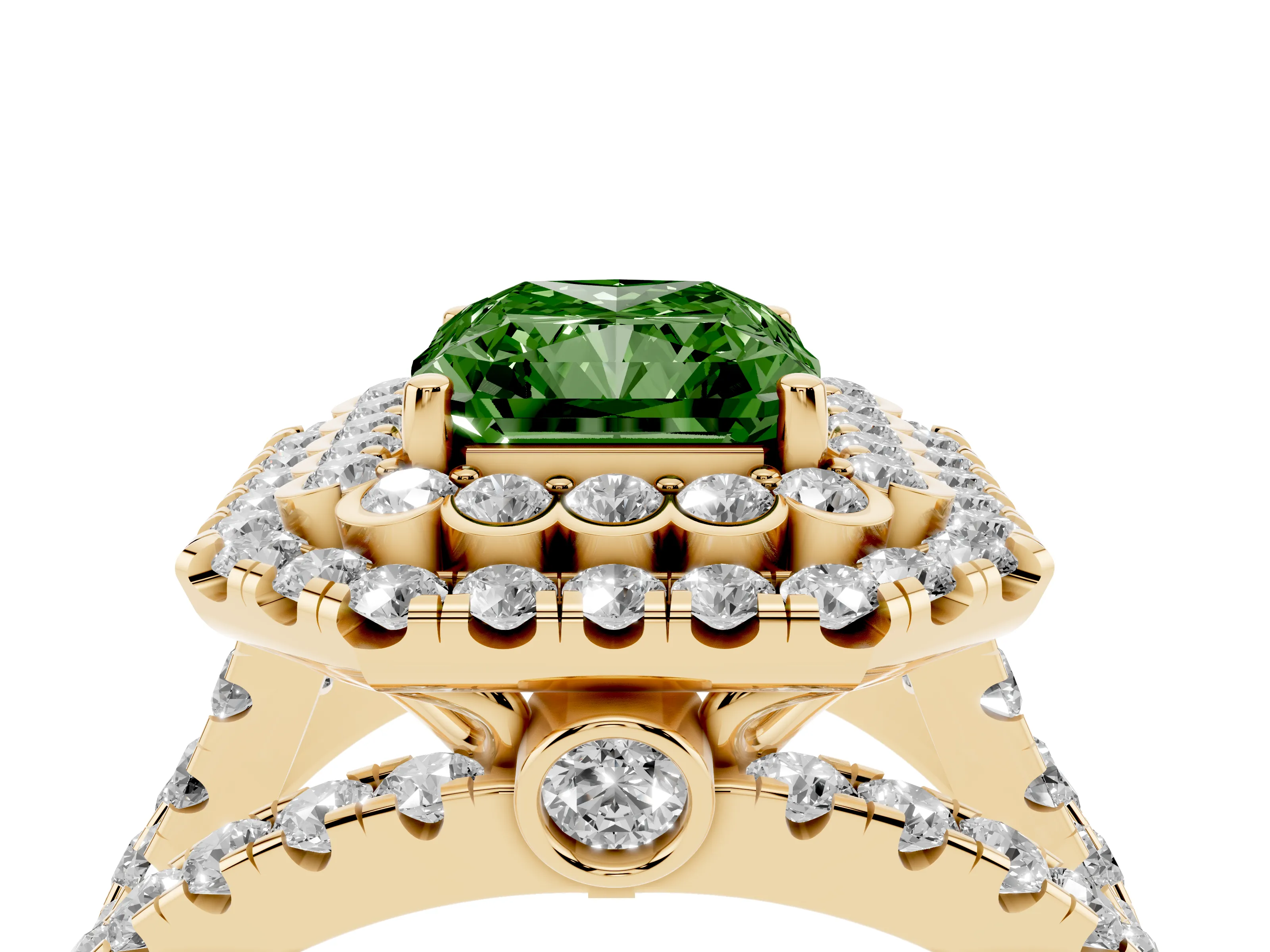 Fancy Green Radiant Cut Diamond Double Halo Ring Set in Yellow gold with Round Pavé Split Shank