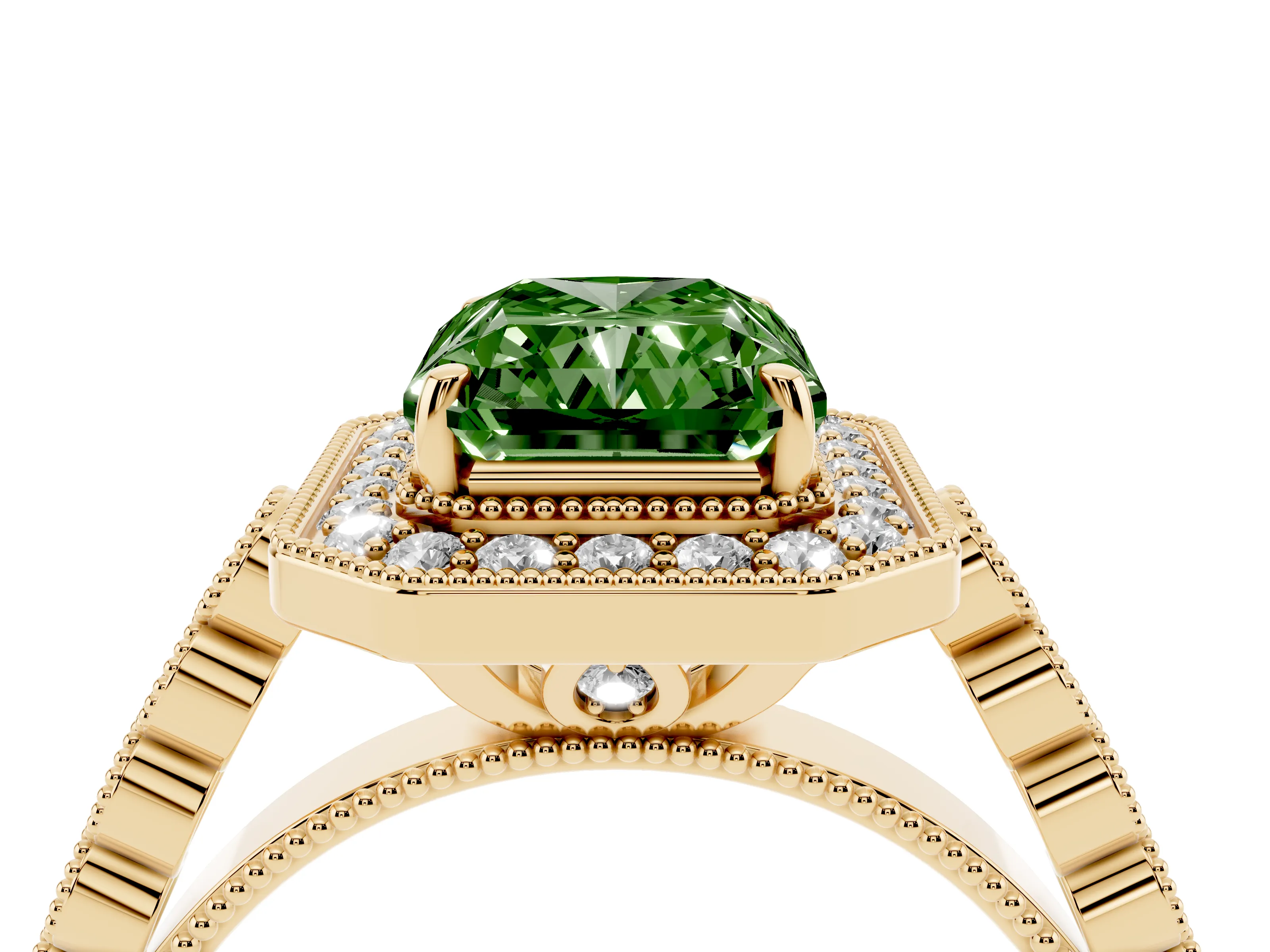 Fancy Green Radiant Cut Diamond Milgrain Halo Solitaire Ring Set in Yellow gold with Bezel Set Side Stones and Pavé Band