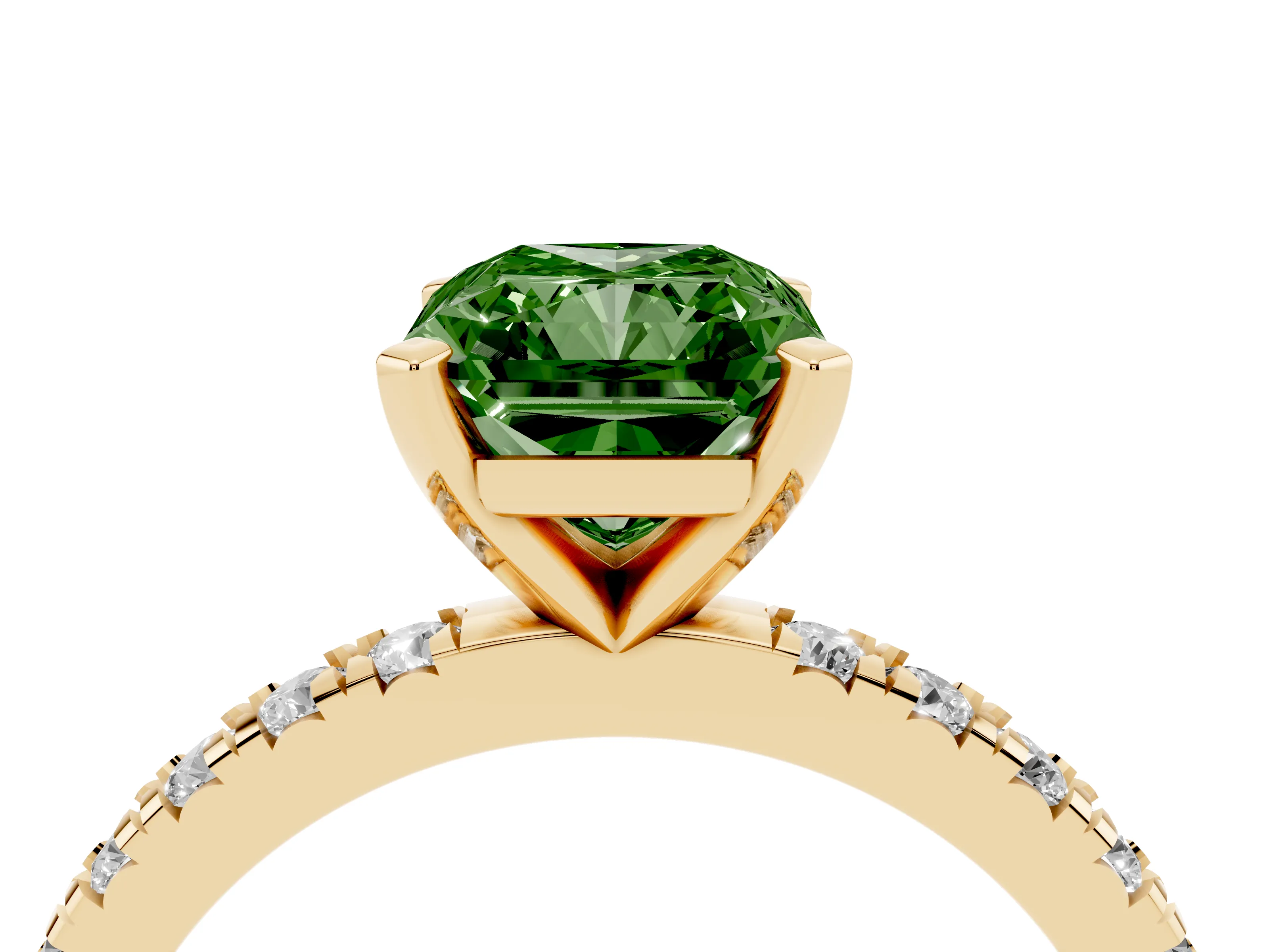 Fancy Green Radiant Cut Diamond Pavé Band Solitaire Set in Yellow gold with Prong Setting