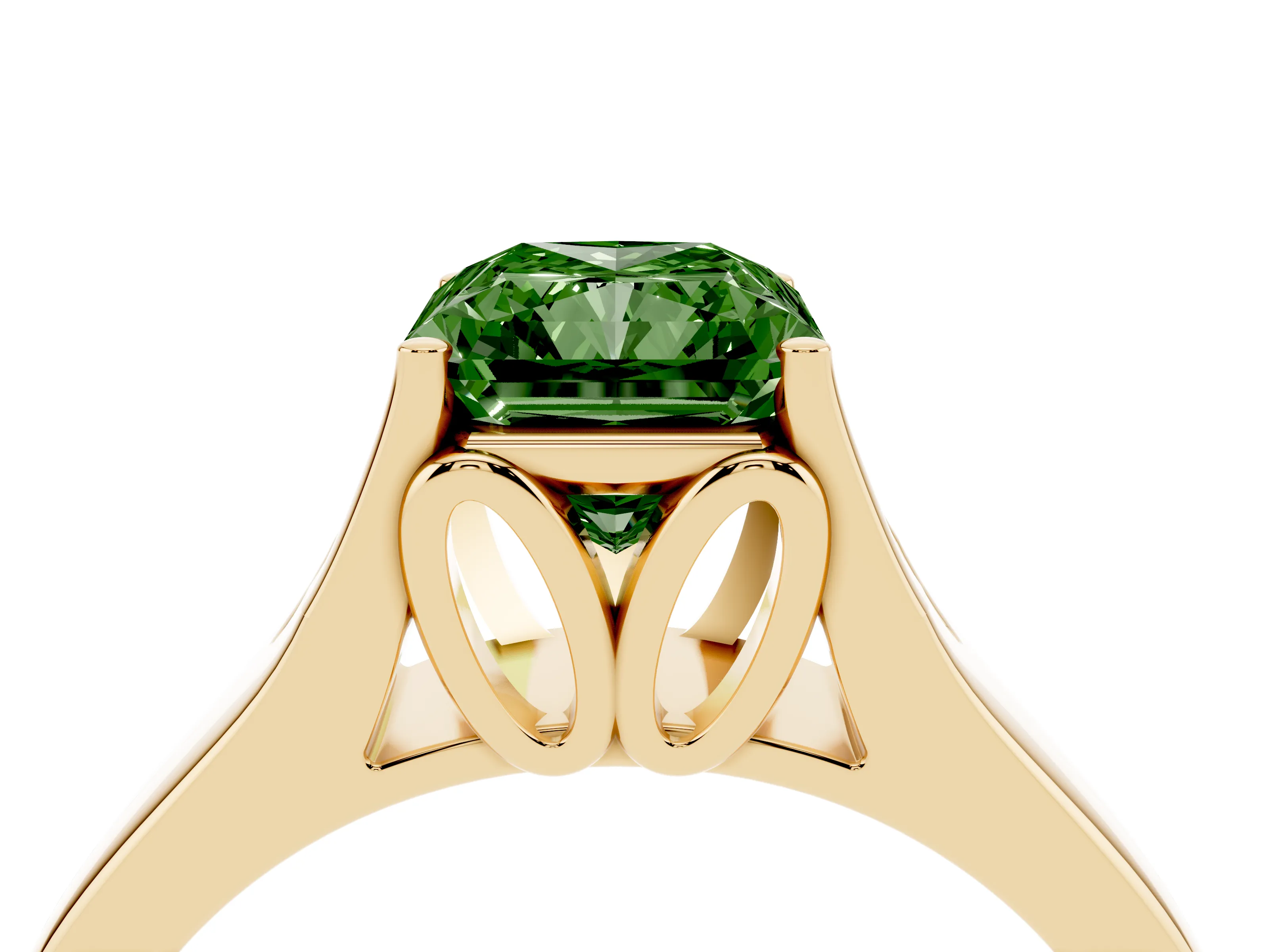 Fancy Green Radiant Cut Diamond Solitaire Ring Set in Yellow gold with Arched Cathedral Band and Prong Setting