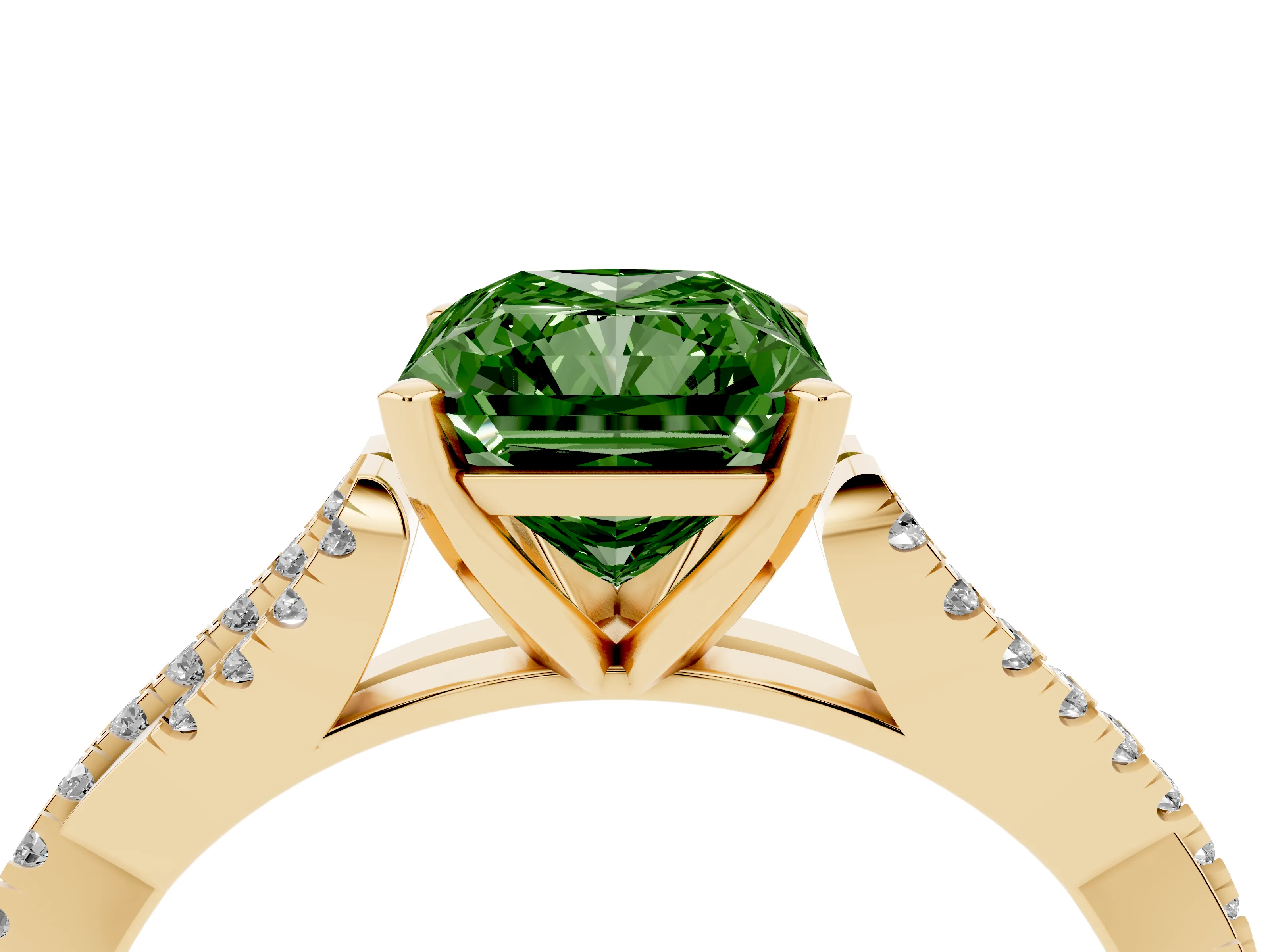 Fancy Green Radiant Cut Diamond Solitaire Engagement Ring Set in Yellow gold with Twisted Pavé Band and Prong Setting