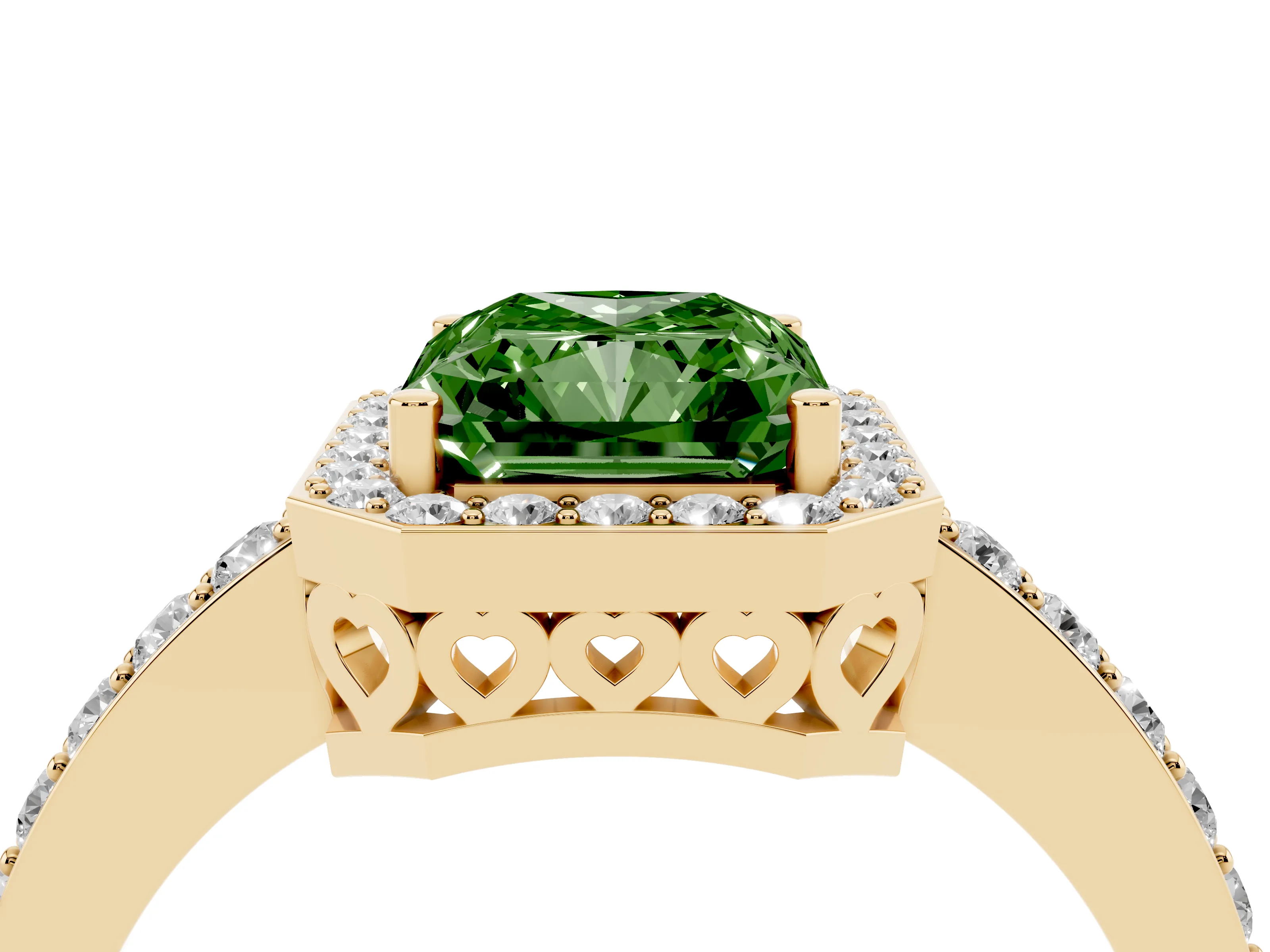 Fancy Green Radiant Cut Diamond Halo Ring Set in Yellow gold with Pavé-Setting Band and Open Prong Center