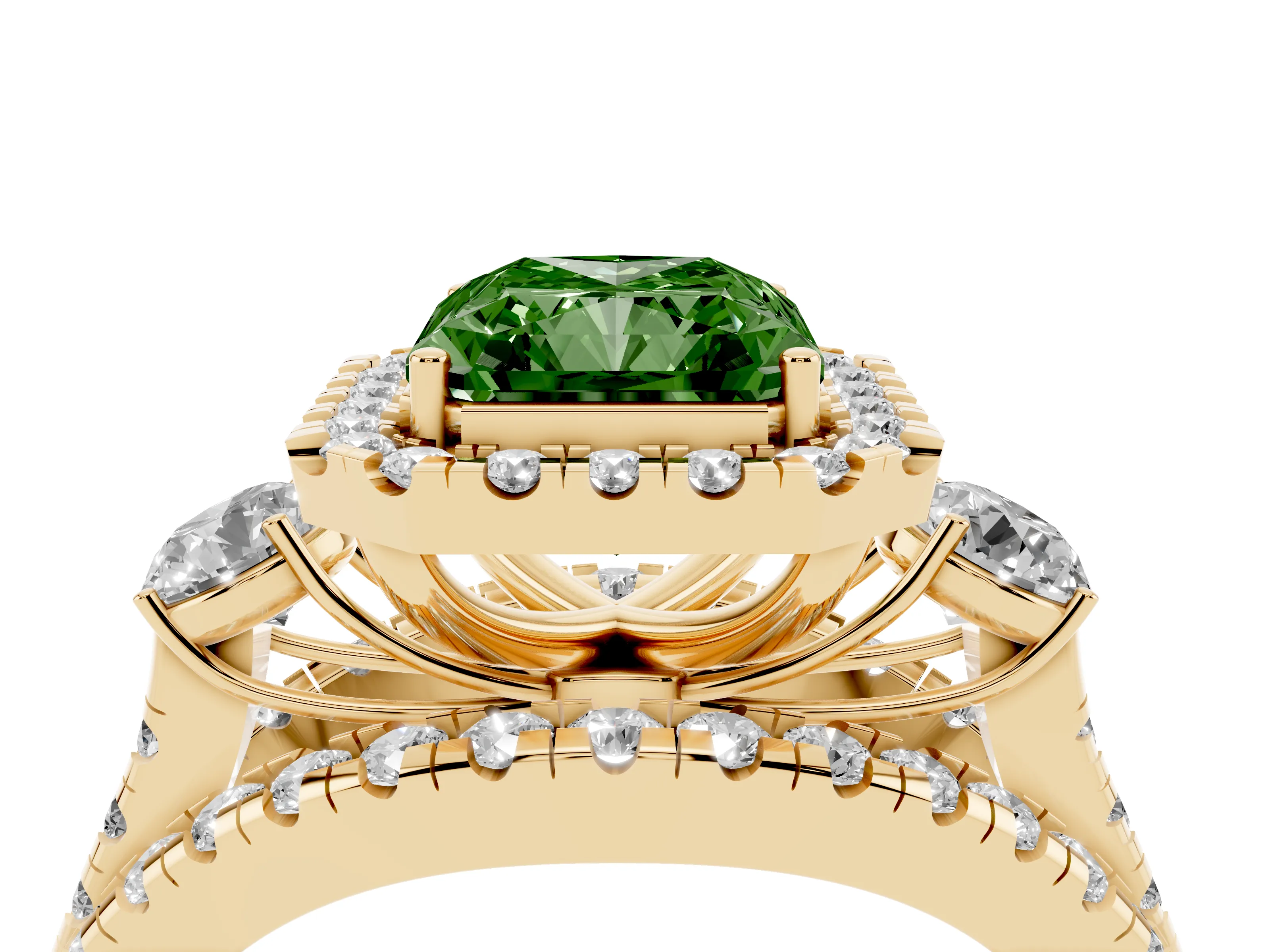 Fancy Green Radiant Cut Diamond Halo Split Shank Ring Set in Yellow gold with Round Accent Stones and Prong Setting