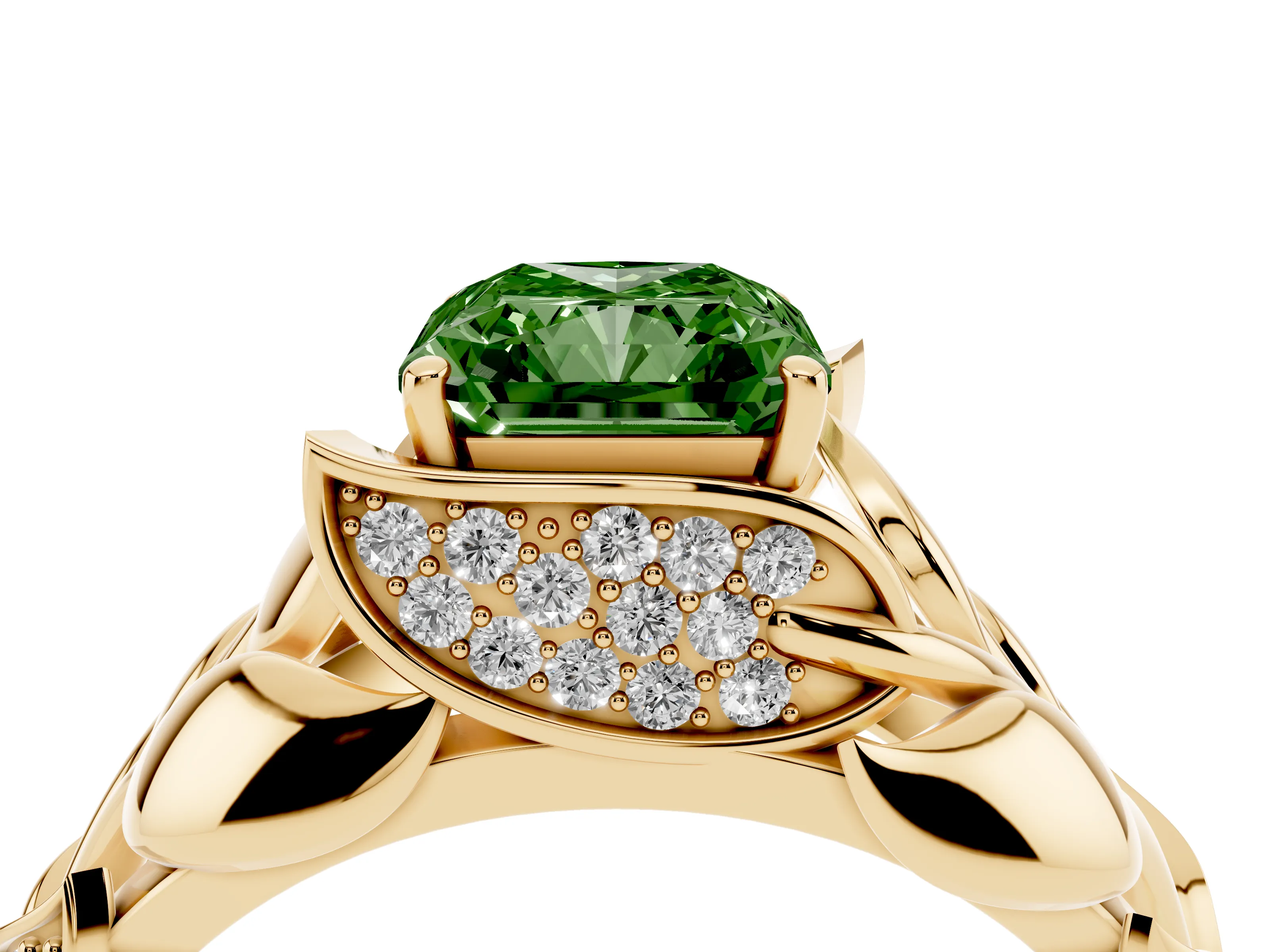 Fancy Green Radiant Cut Diamond Leaf-Inspired Engagement Ring Set in Yellow gold with Round Accents