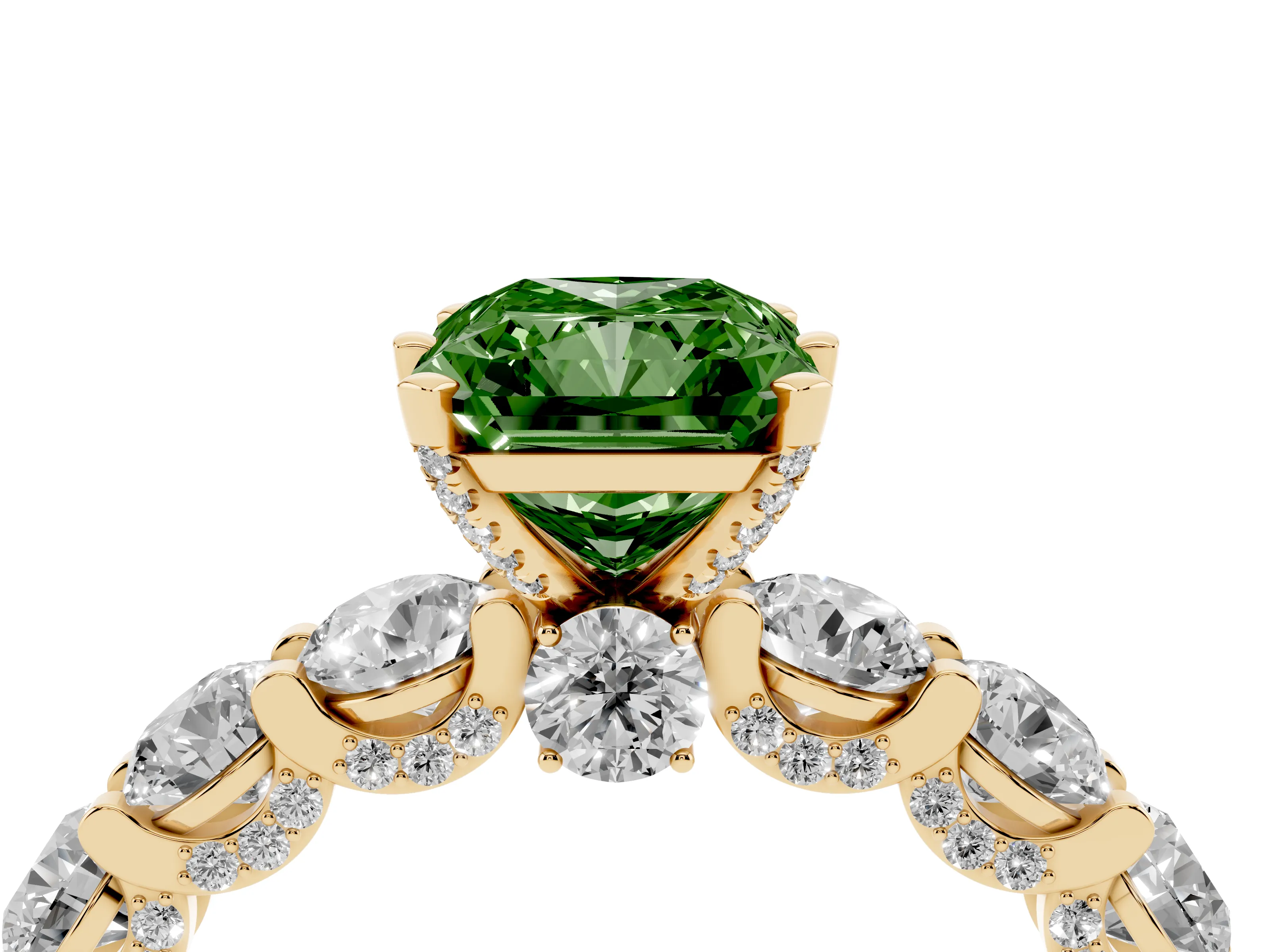 Fancy Green Radiant Cut Diamond Side Stone Ring Set in Yellow gold with Alternating Round and Oval Side Stones