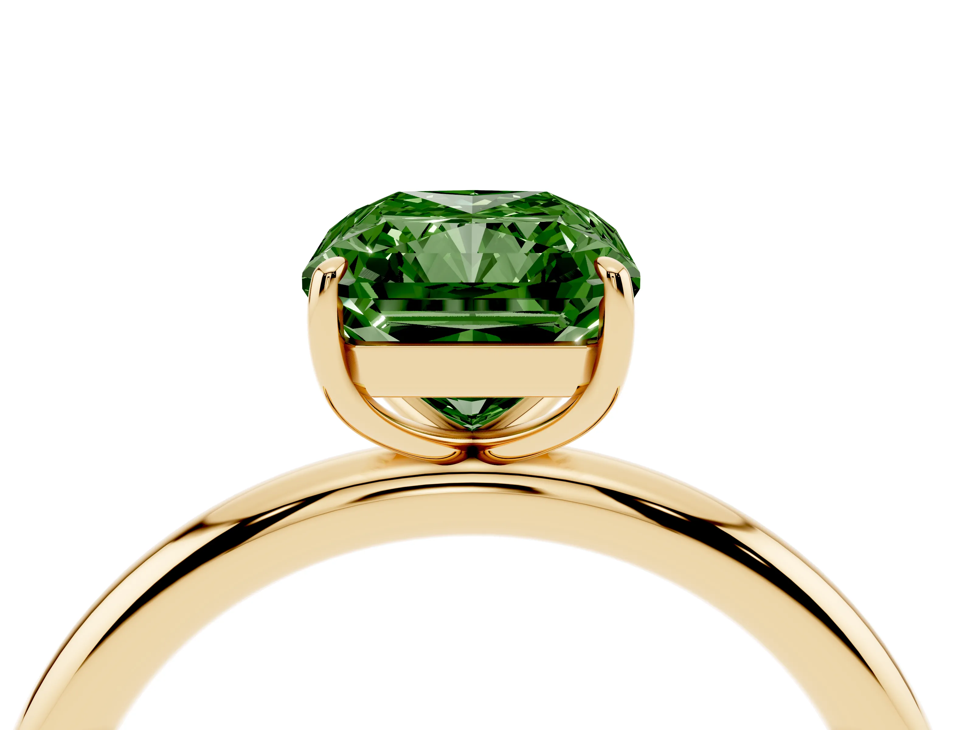Fancy Green Radiant Cut Diamond Solitaire Ring Set in Yellow gold with Prong Setting on a Polished Plain Band