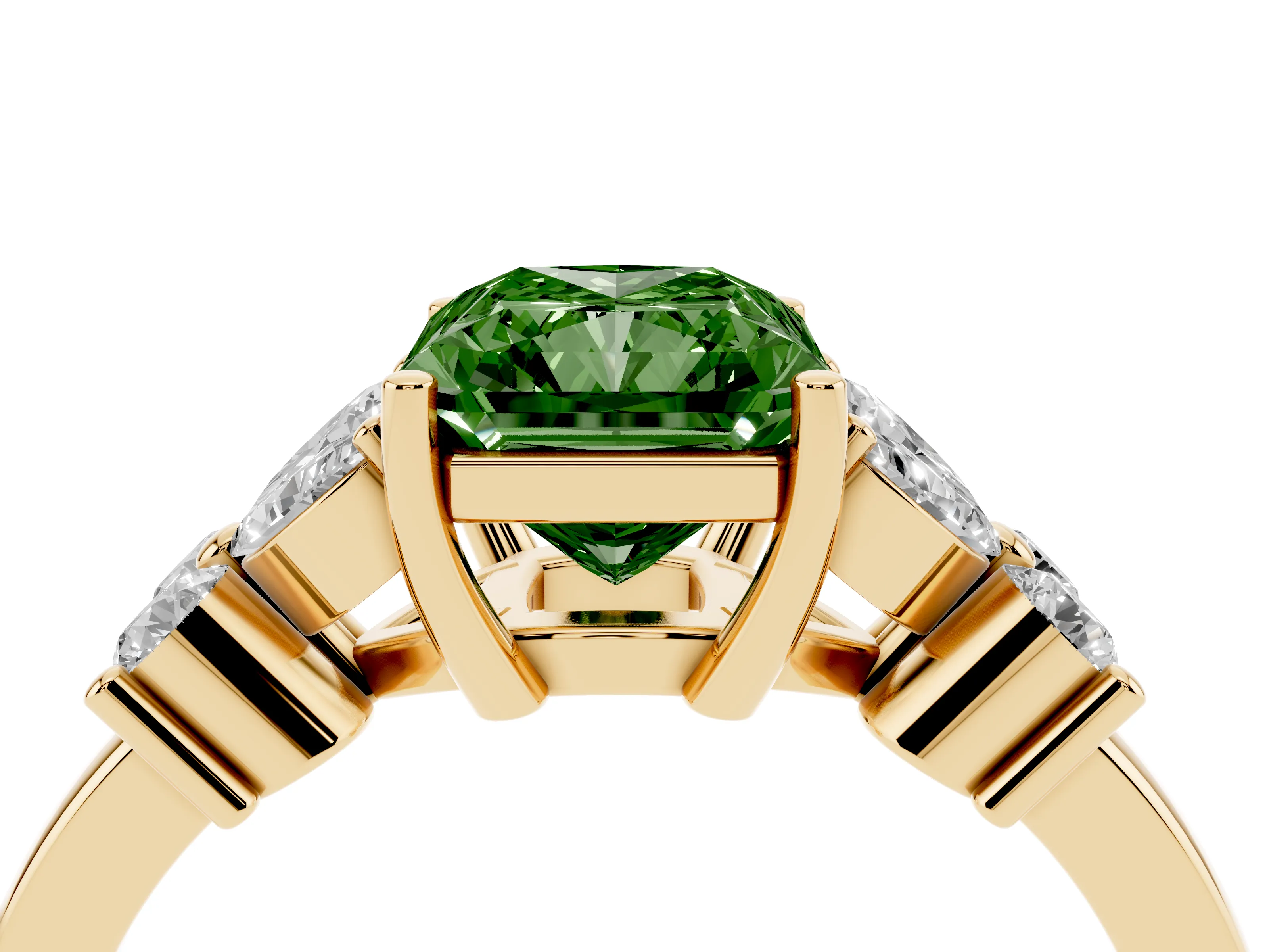 Fancy Green Radiant Cut Diamond Floral Cluster Ring Set in Yellow gold with Marquise Petals and Prong Setting