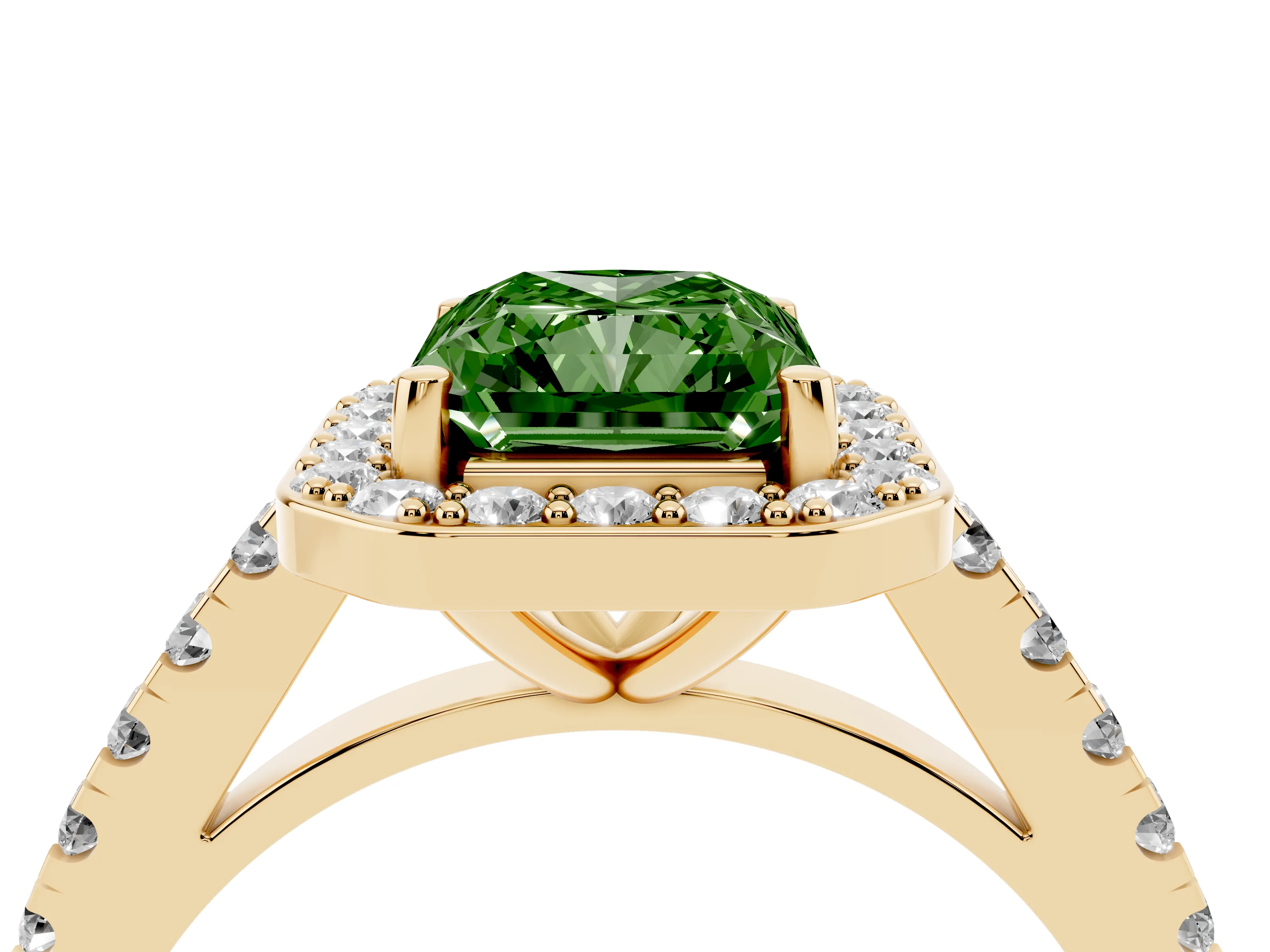 Fancy Green Radiant Cut Diamond Halo Ring Set in Yellow gold with Round Pavé Split Shank and Prong Setting