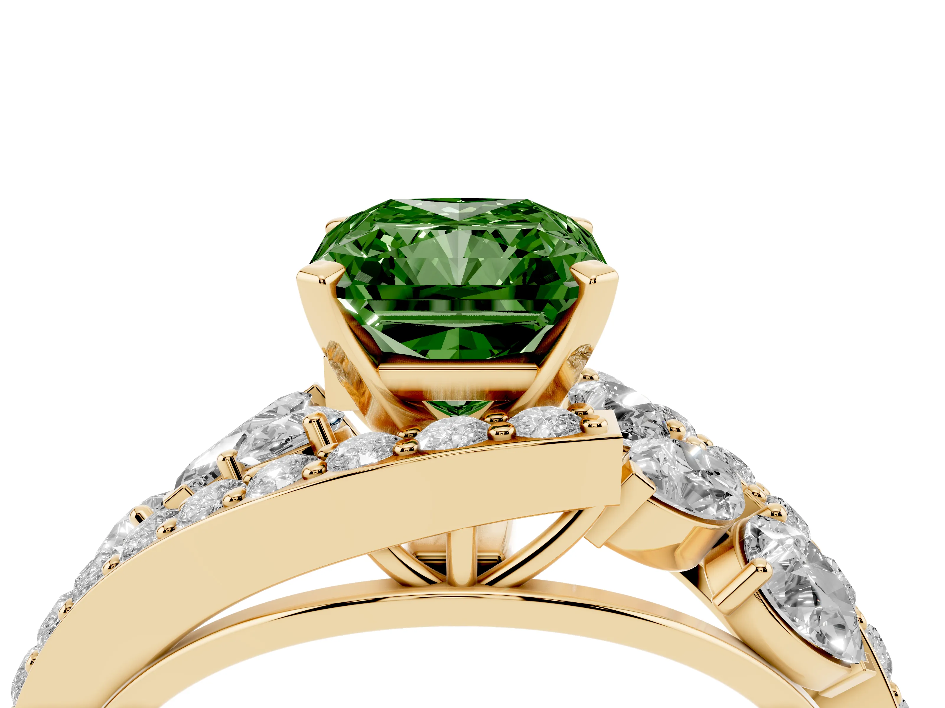 Fancy Green Radiant Cut Diamond Halo Ring Set in Yellow gold with Marquise and Pavé Band in Prong Setting