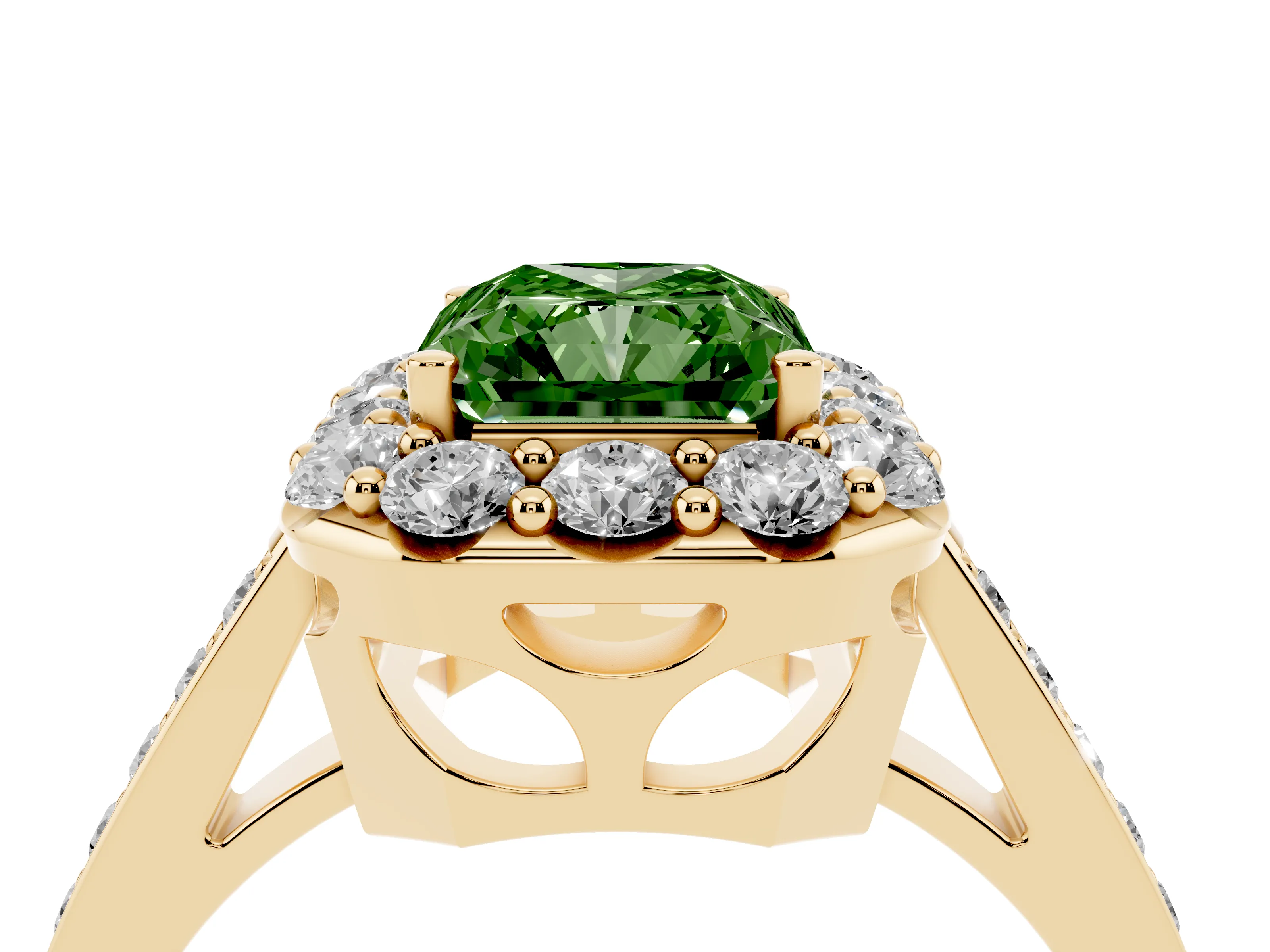 Fancy Green Radiant Cut Diamond Floral Halo Ring Set in Yellow gold with Pavé Band and Prong Setting
