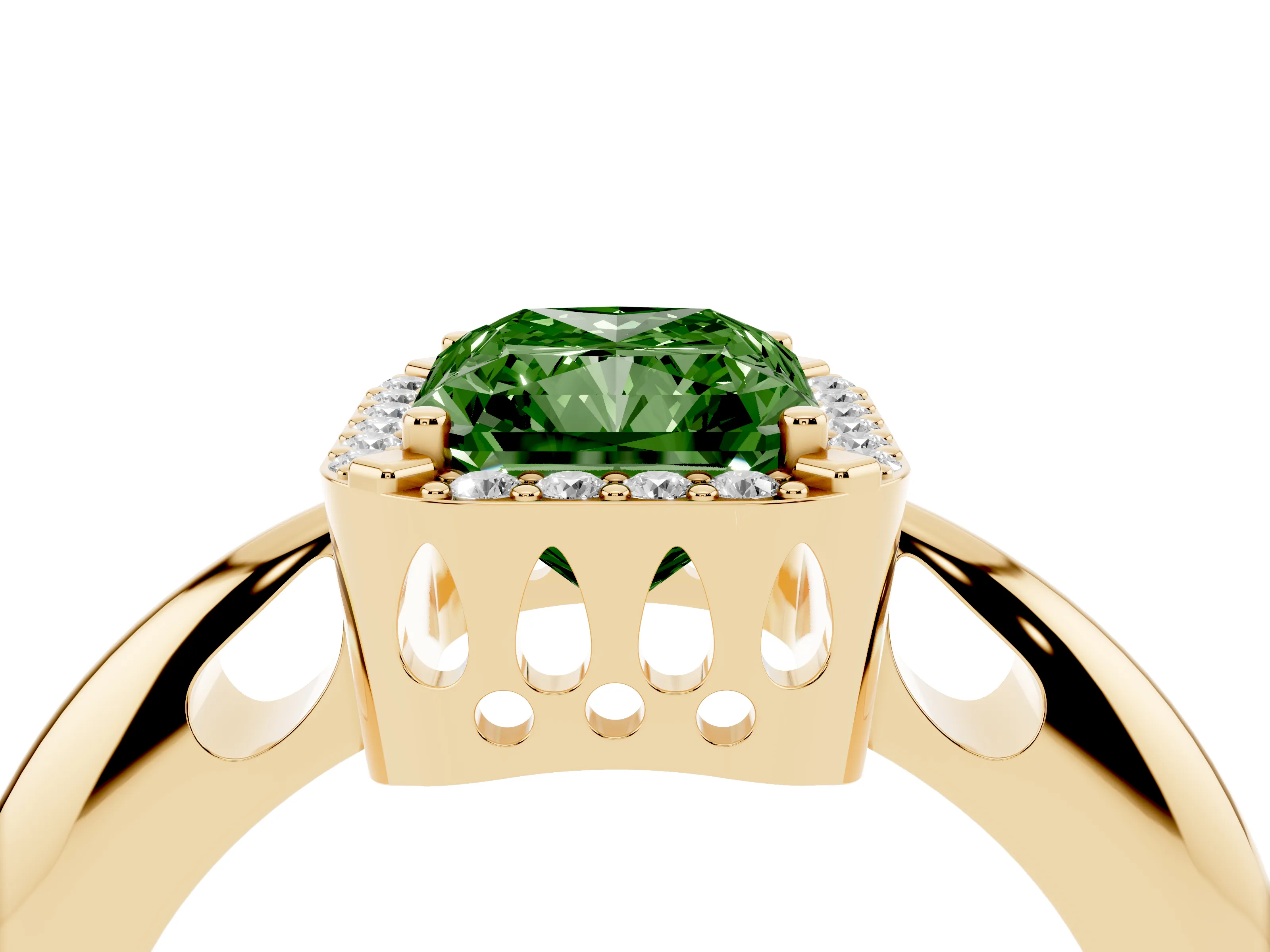 Fancy Green Radiant Cut Diamond Halo Engagement Ring Set in Yellow gold with Plain Split Shank and Prong Setting
