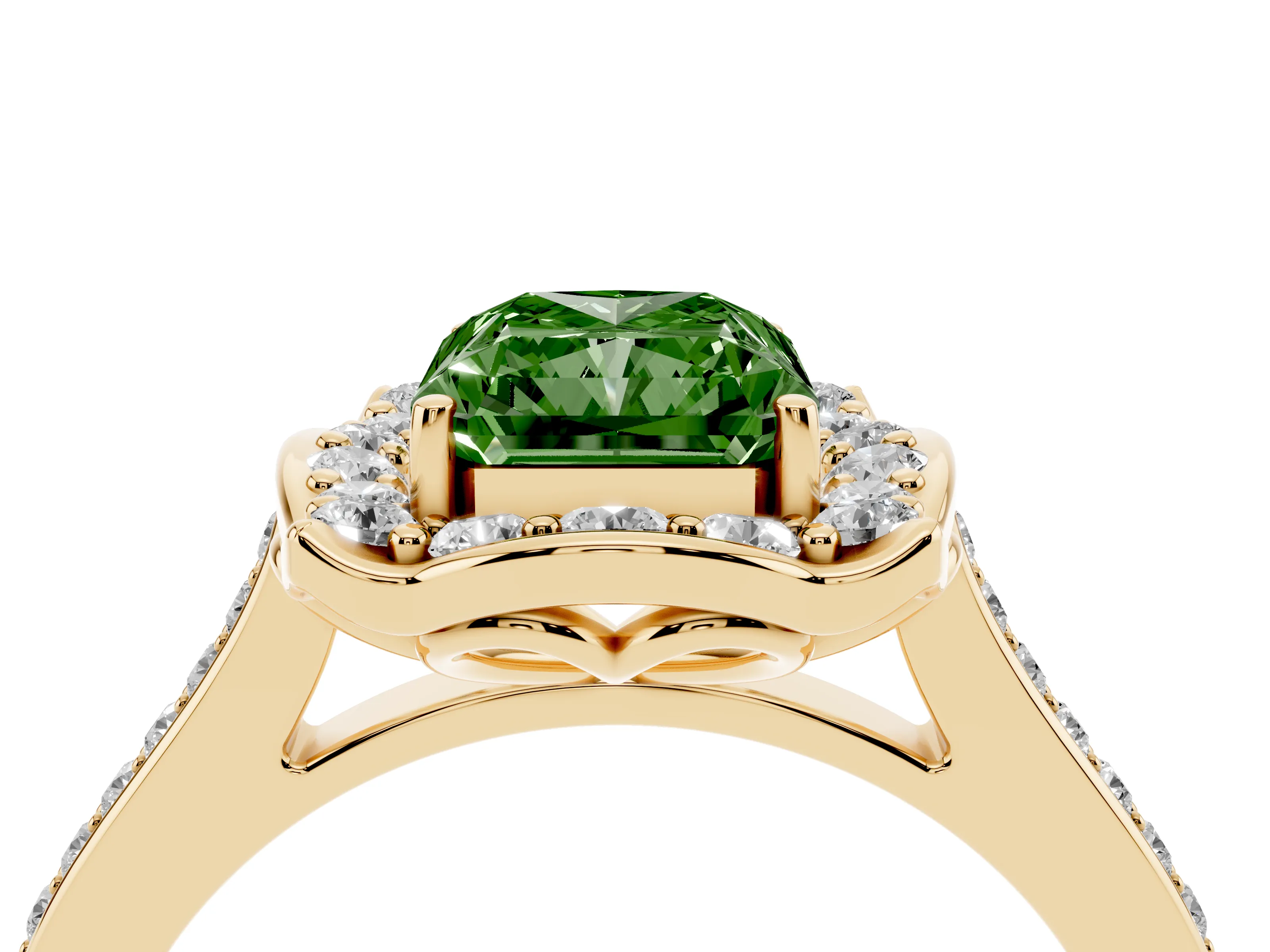 Fancy Green Radiant Cut Diamond Halo Ring Set in Yellow gold with Pavé-Lined Shoulders and Prong Setting
