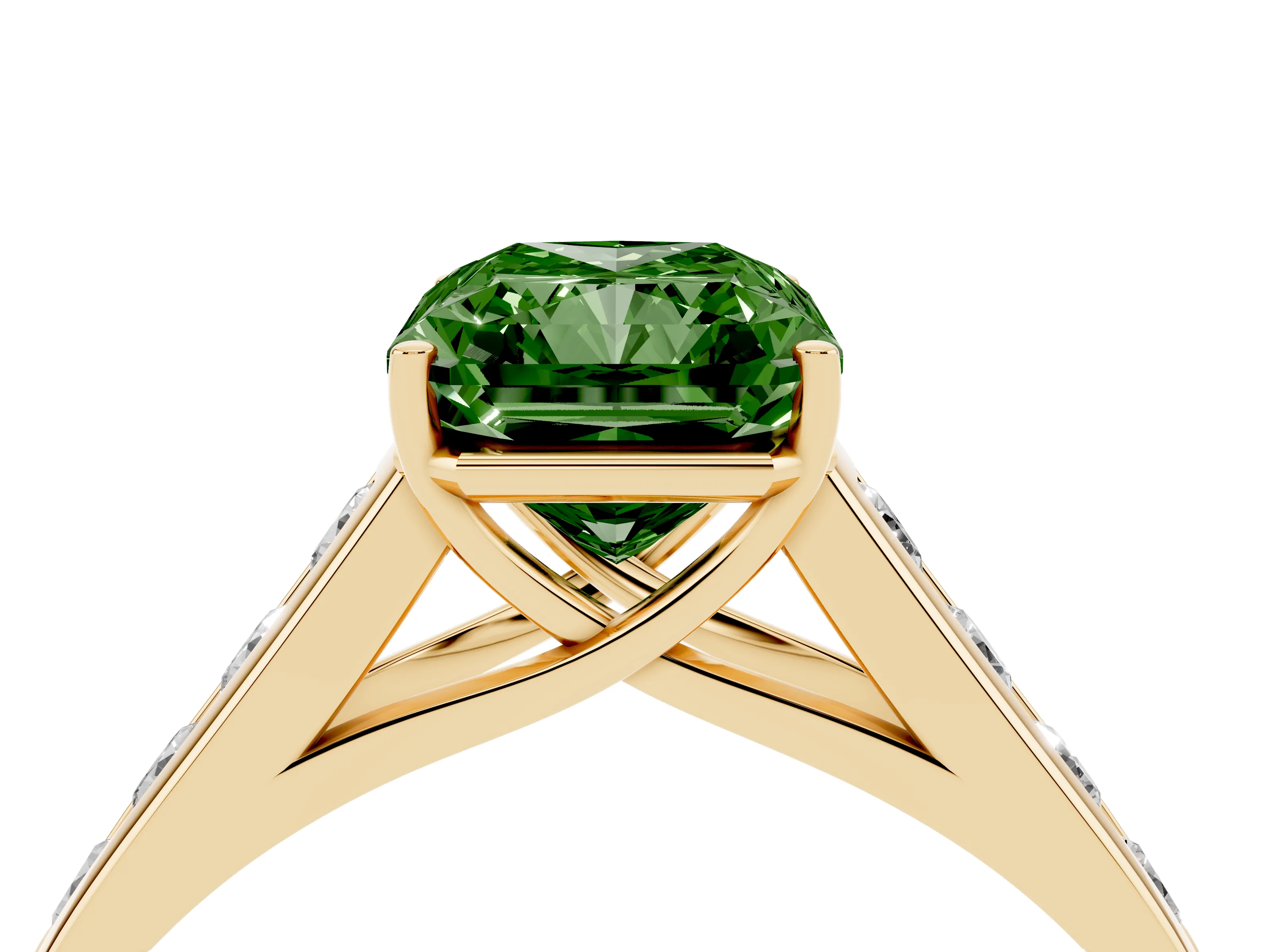 Fancy Green Radiant Cut Diamond Brilliant Channel-Set Solitaire Ring Set in Yellow gold with Prong Setting