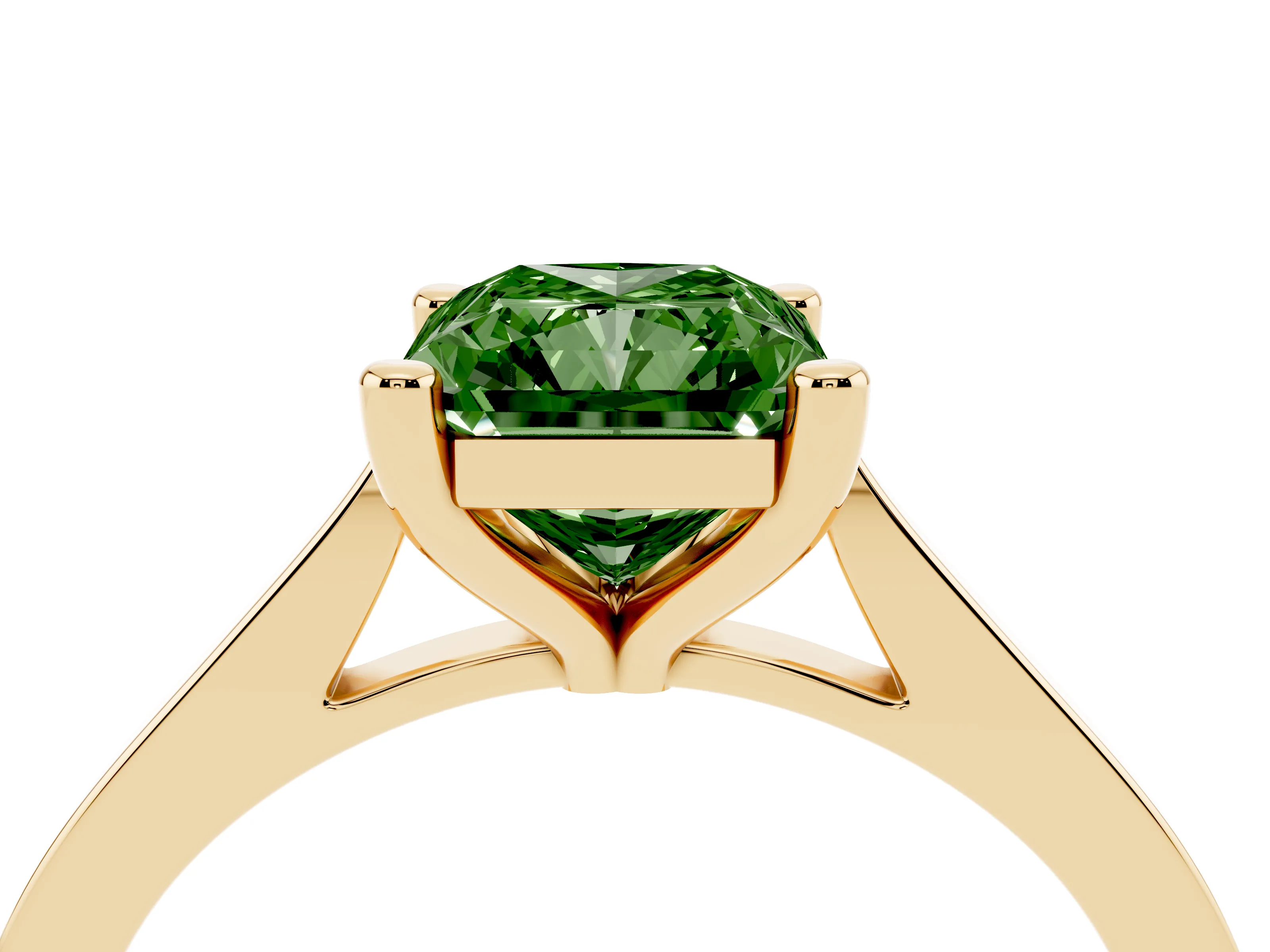 Fancy Green Radiant Cut Diamond Solitaire Ring Set in Yellow gold with Prong Setting and Tapered Band