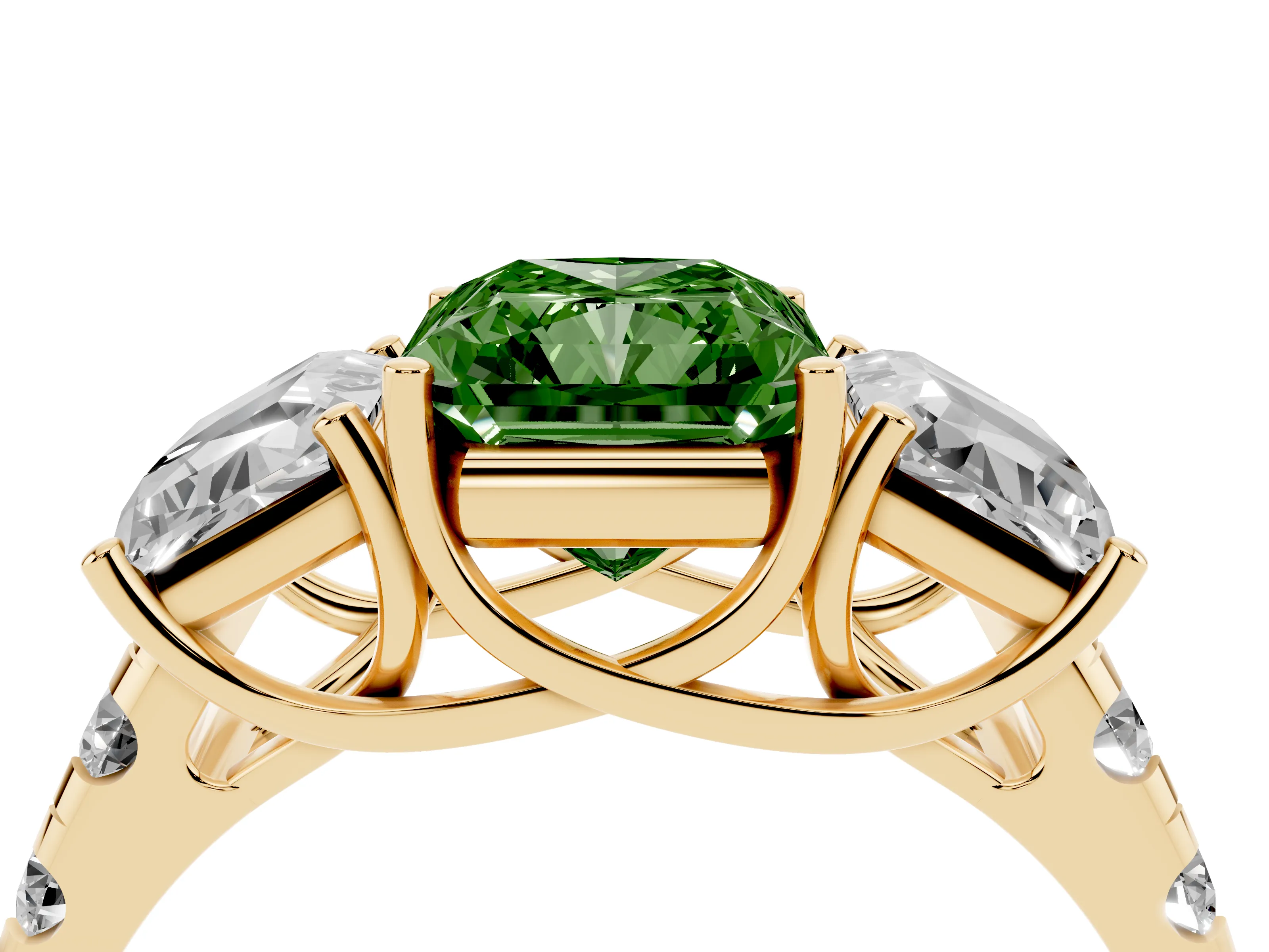 Fancy Green Radiant Cut Diamond Three-Stone Ring Set in Yellow gold with Pavé Band