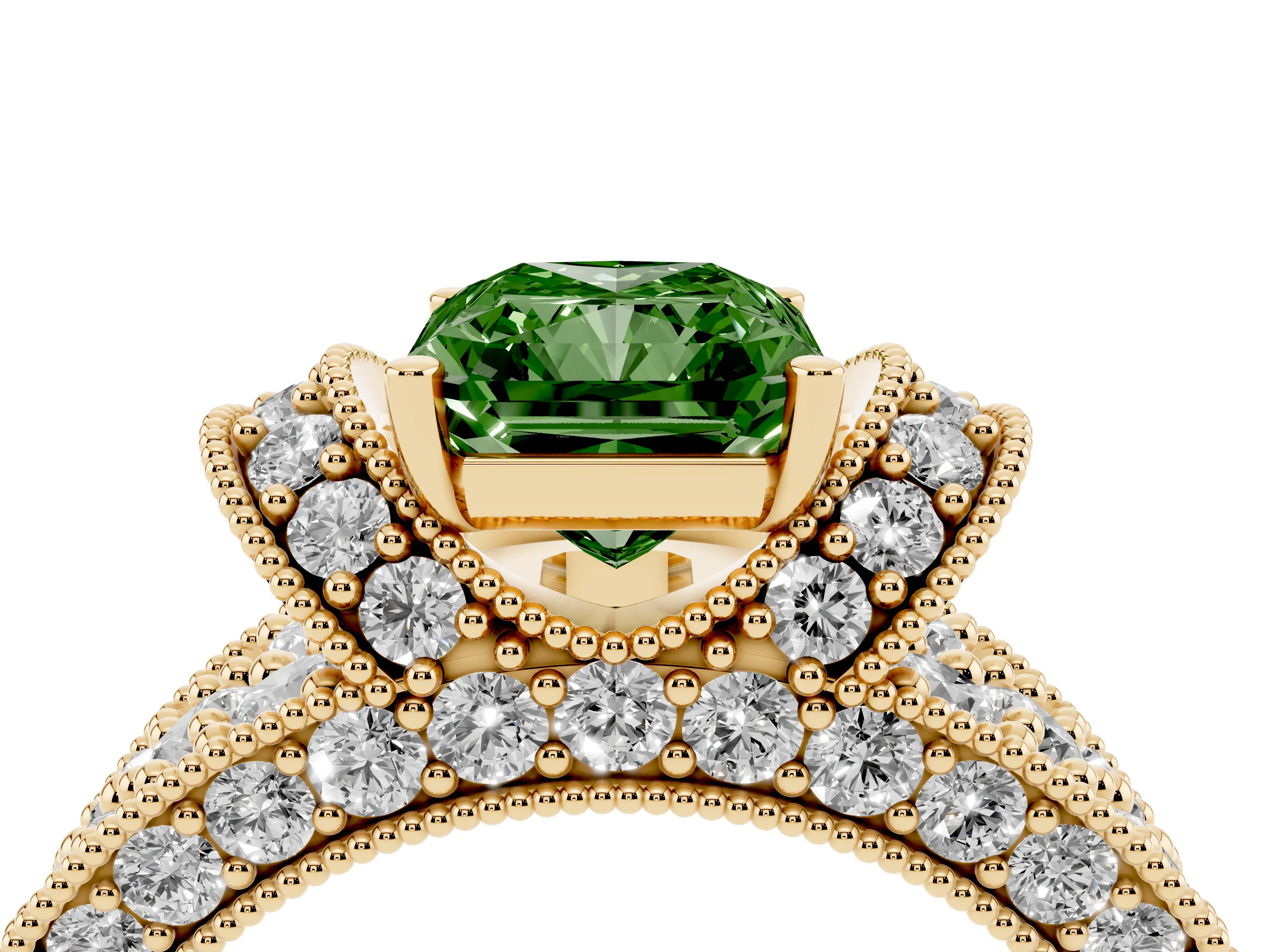 Fancy Green Radiant Cut Diamond Milgrain Halo Pavé Engagement Ring Set in Yellow gold with Prong Setting