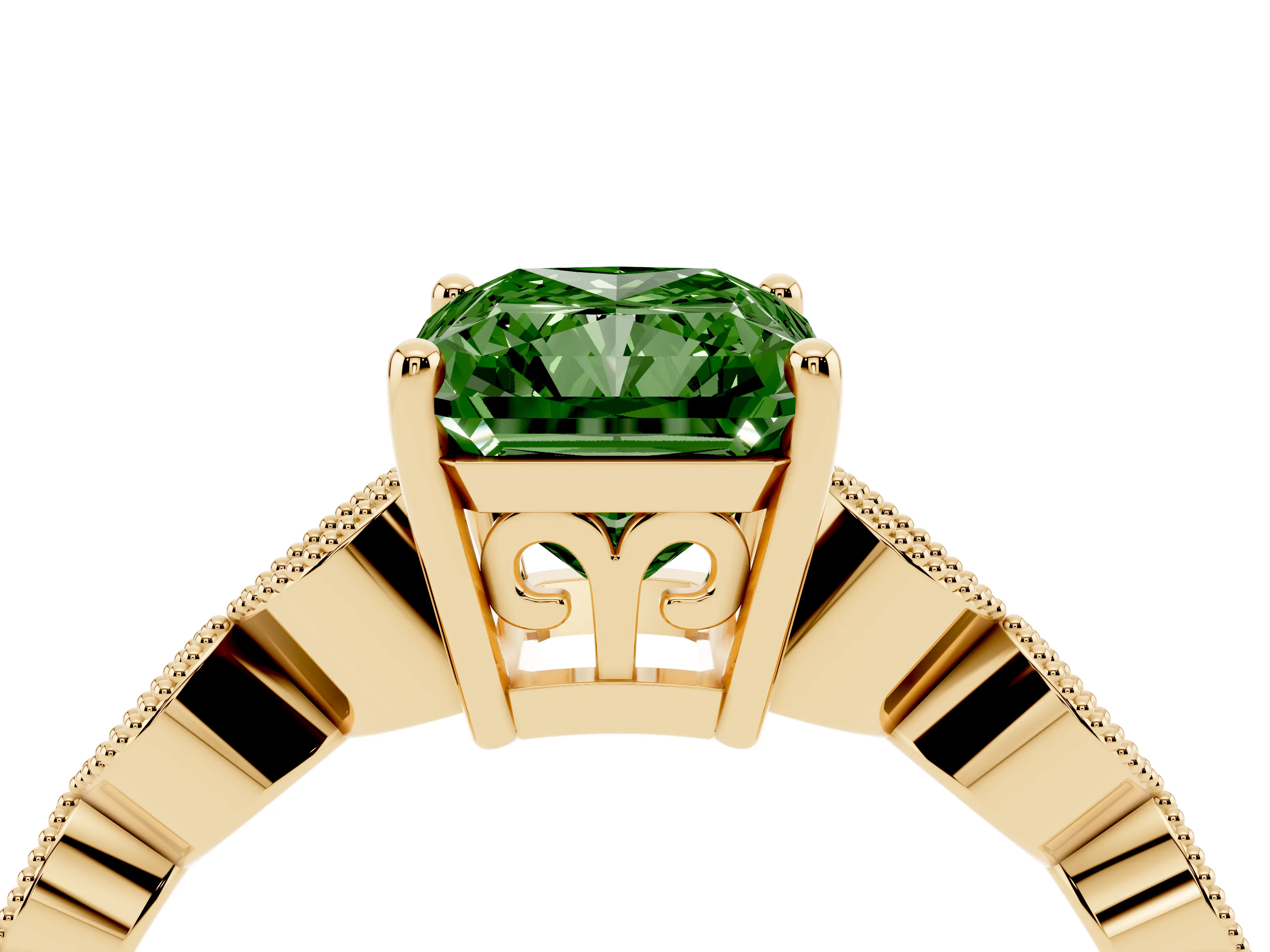 Fancy Green Radiant Cut Diamond Solitaire Ring Set in Yellow gold with Infinity Twist Pavé Band