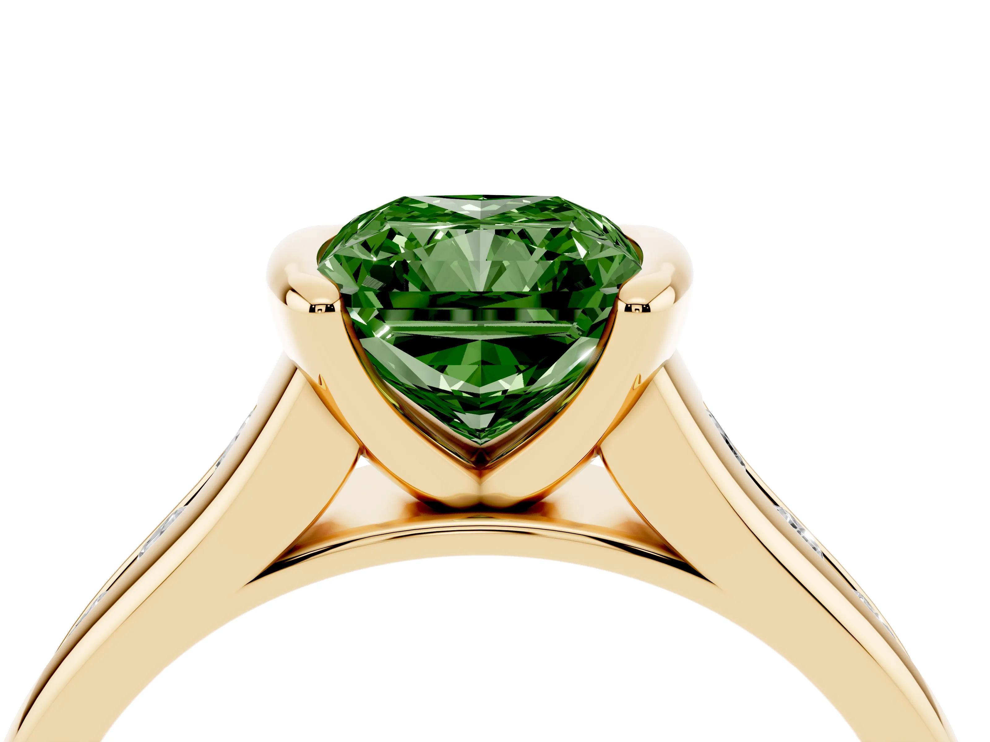 Fancy Green Radiant Cut Diamond Bezel-Set Solitaire Ring Set in Yellow gold with Channel-Set Band