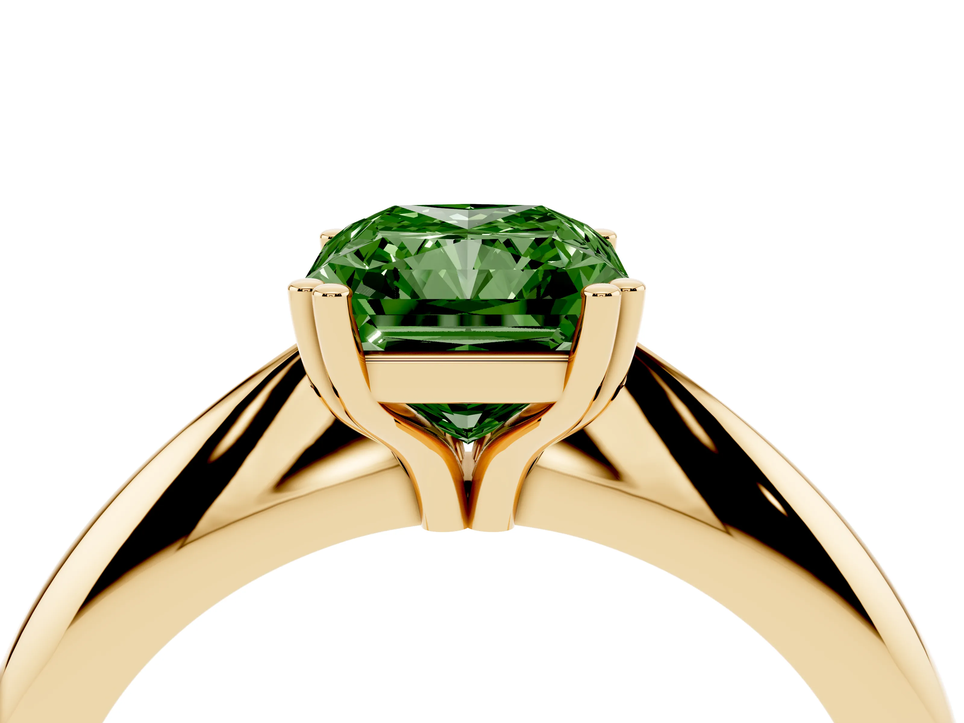 Fancy Green Radiant Cut Diamond Solitaire Engagement Ring Set in Yellow gold with Tapered Band and Prong Setting