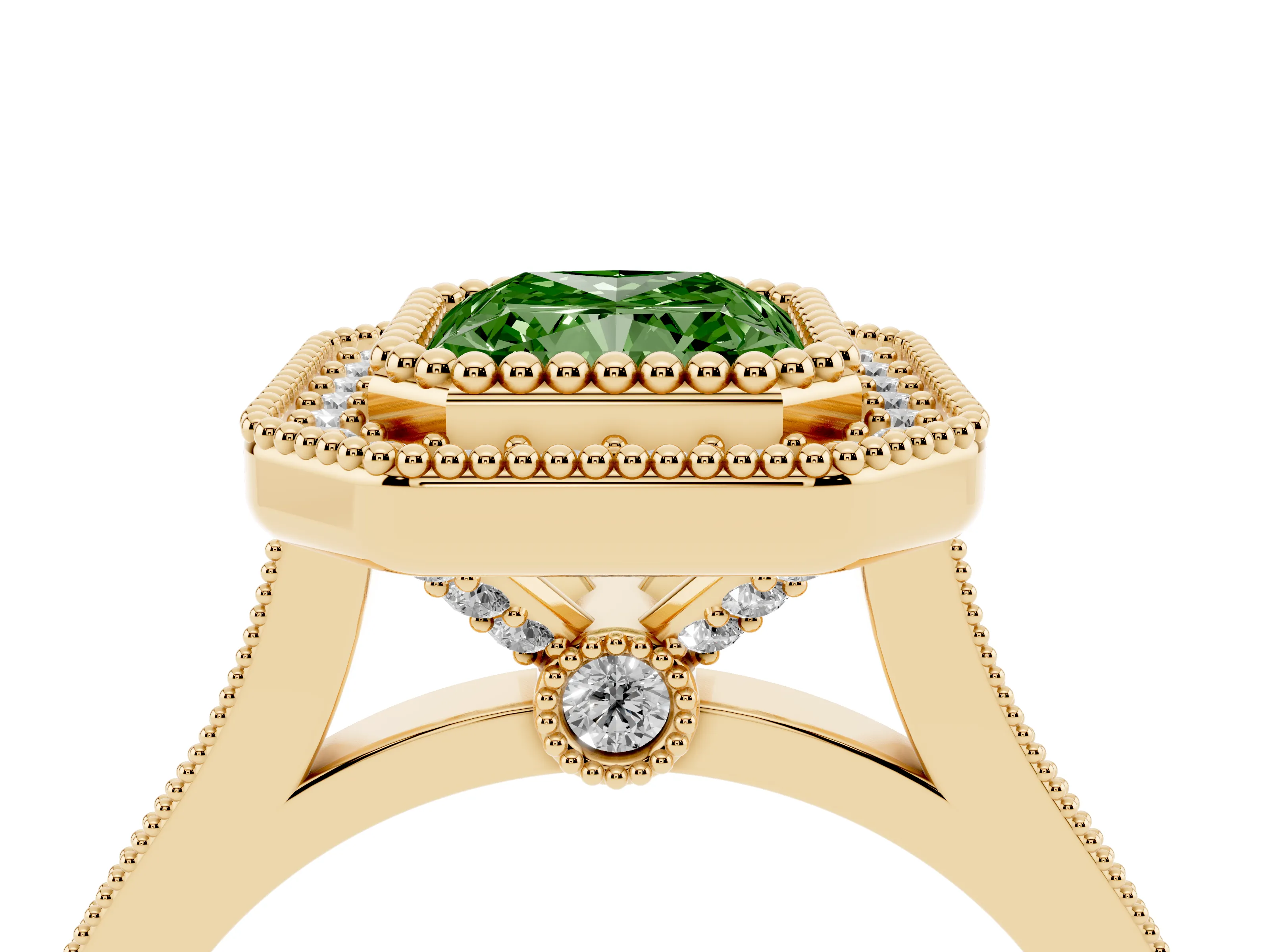 Fancy Green Radiant Cut Diamond Halo Ring Set in Yellow gold with Milgrain Frame and Pavé Band