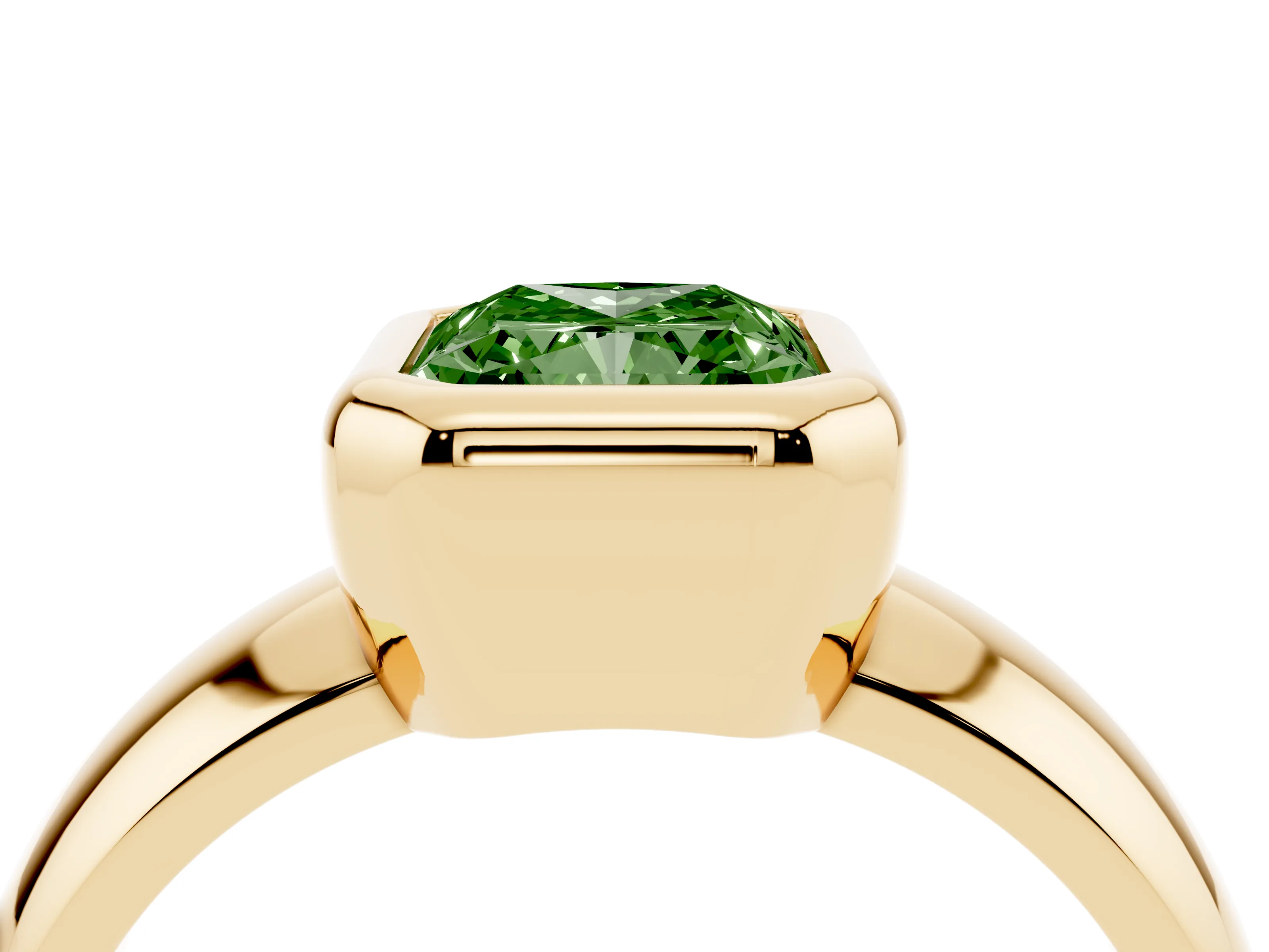 Fancy Green Bezel Set Radiant Cut Diamond Solitaire Ring Set in Yellow gold with Wide Band