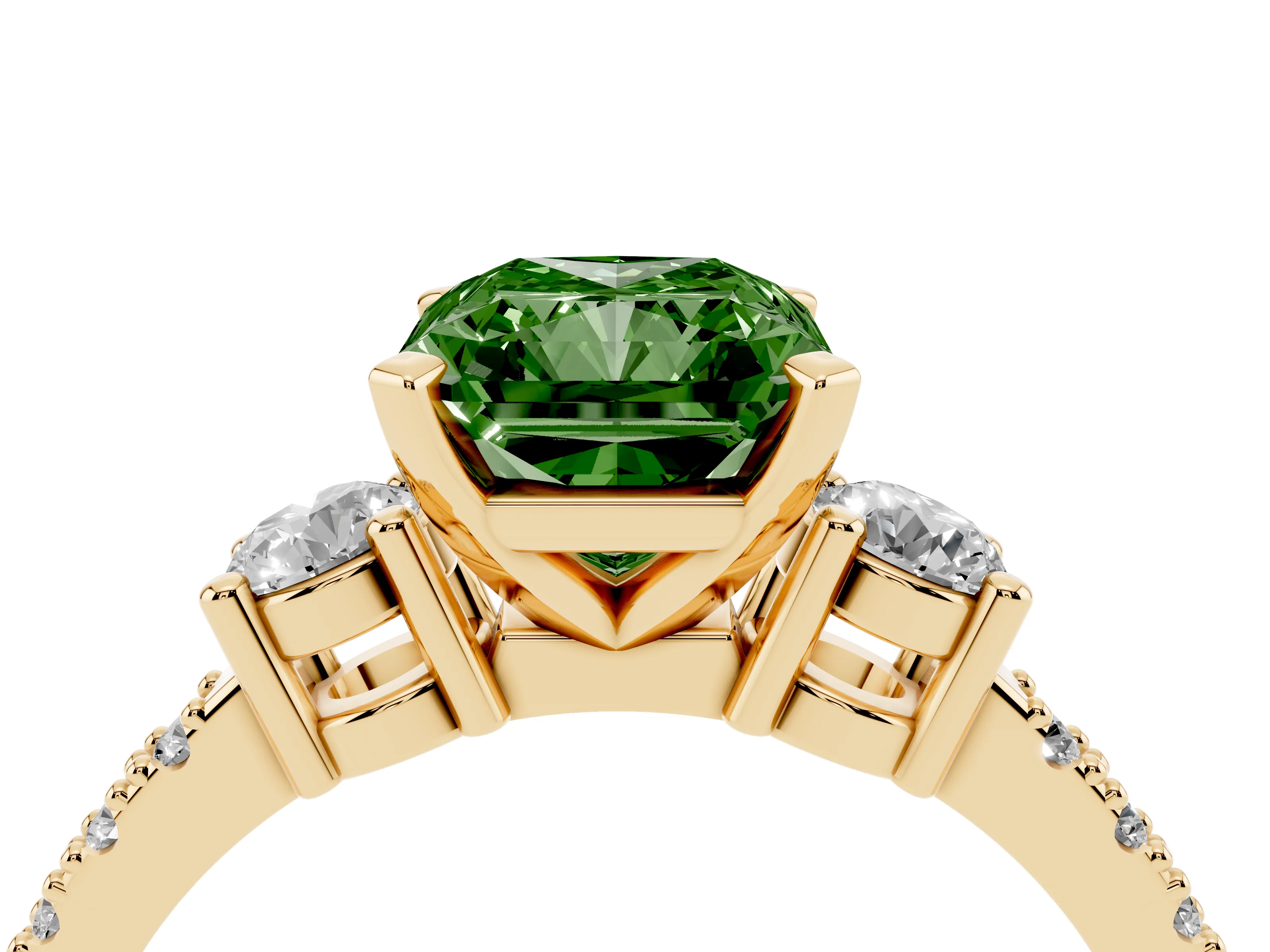 Fancy Green Three-Stone Radiant Cut Diamond Pavé Band Ring Set in Yellow gold with Prong Setting