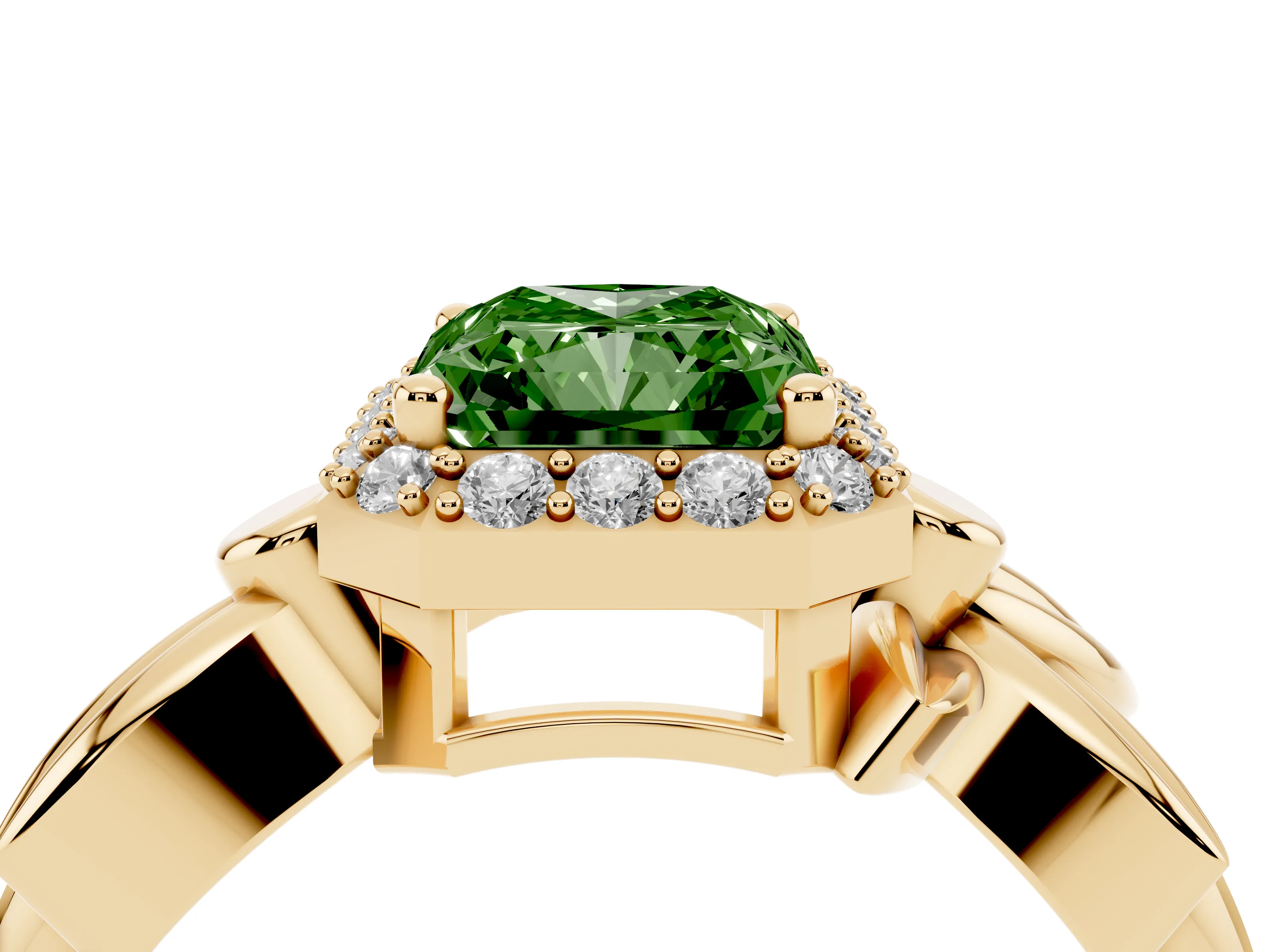 Fancy Green Radiant Cut Diamond Halo Floral Band Ring Set in Yellow gold with Prong Setting