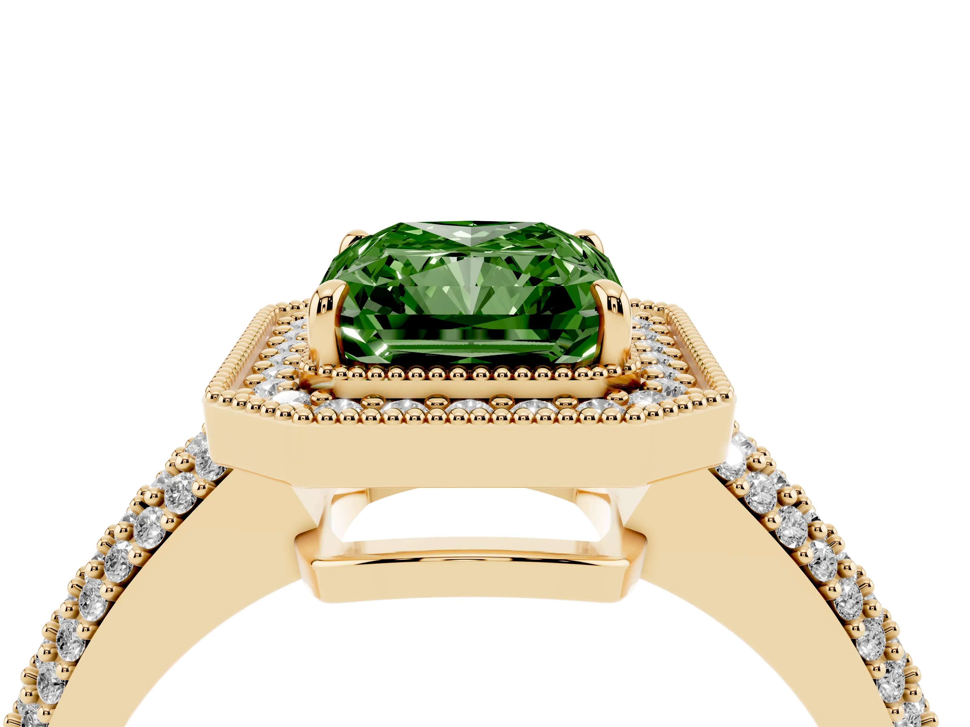Fancy Green Radiant Cut Diamond Halo Pavé Band Set in Yellow gold with Prong Setting