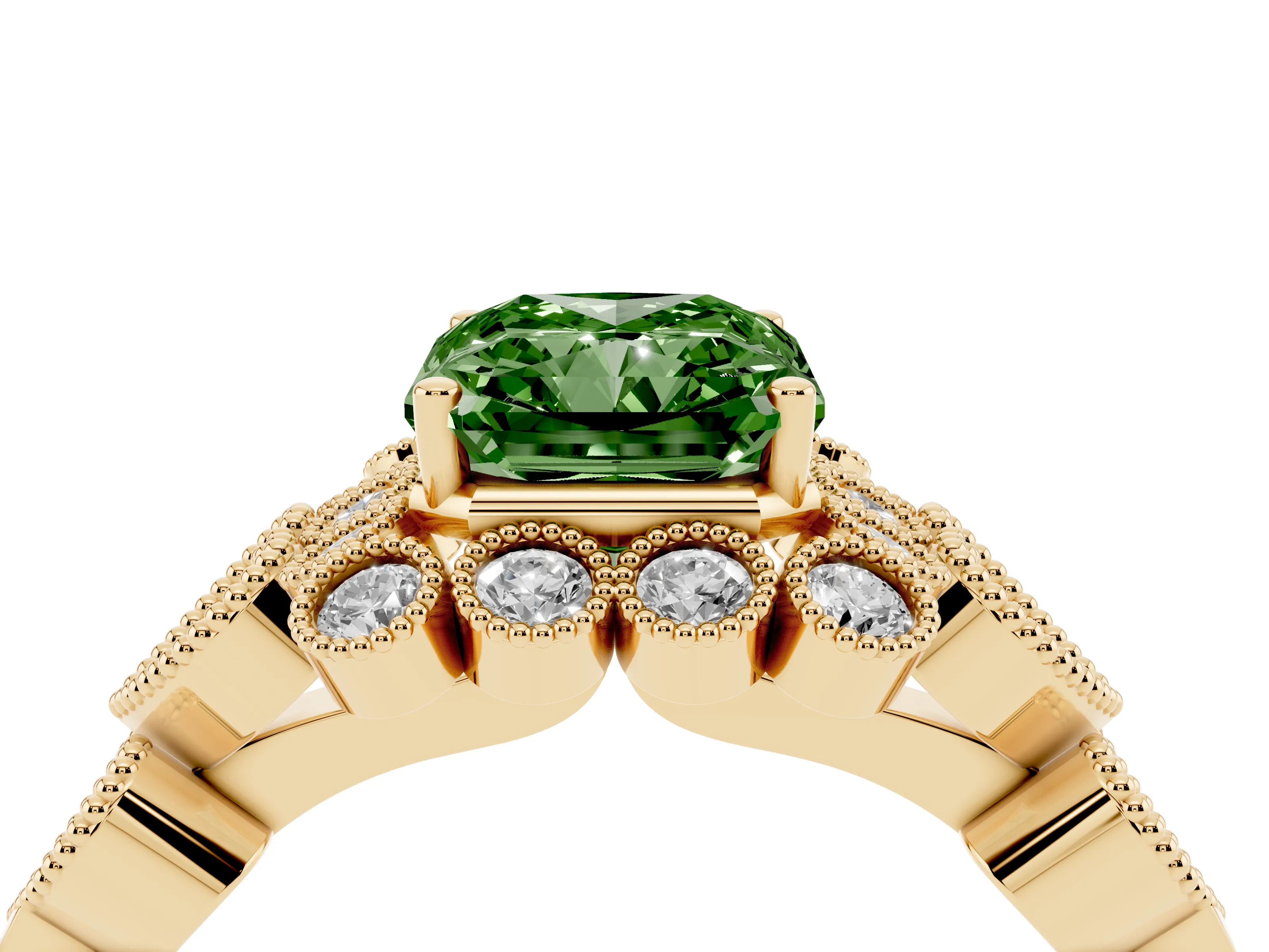 Fancy Green Radiant Cut Diamond Solitaire Ring Set in Yellow gold with Milgrain Pavé Heart Band