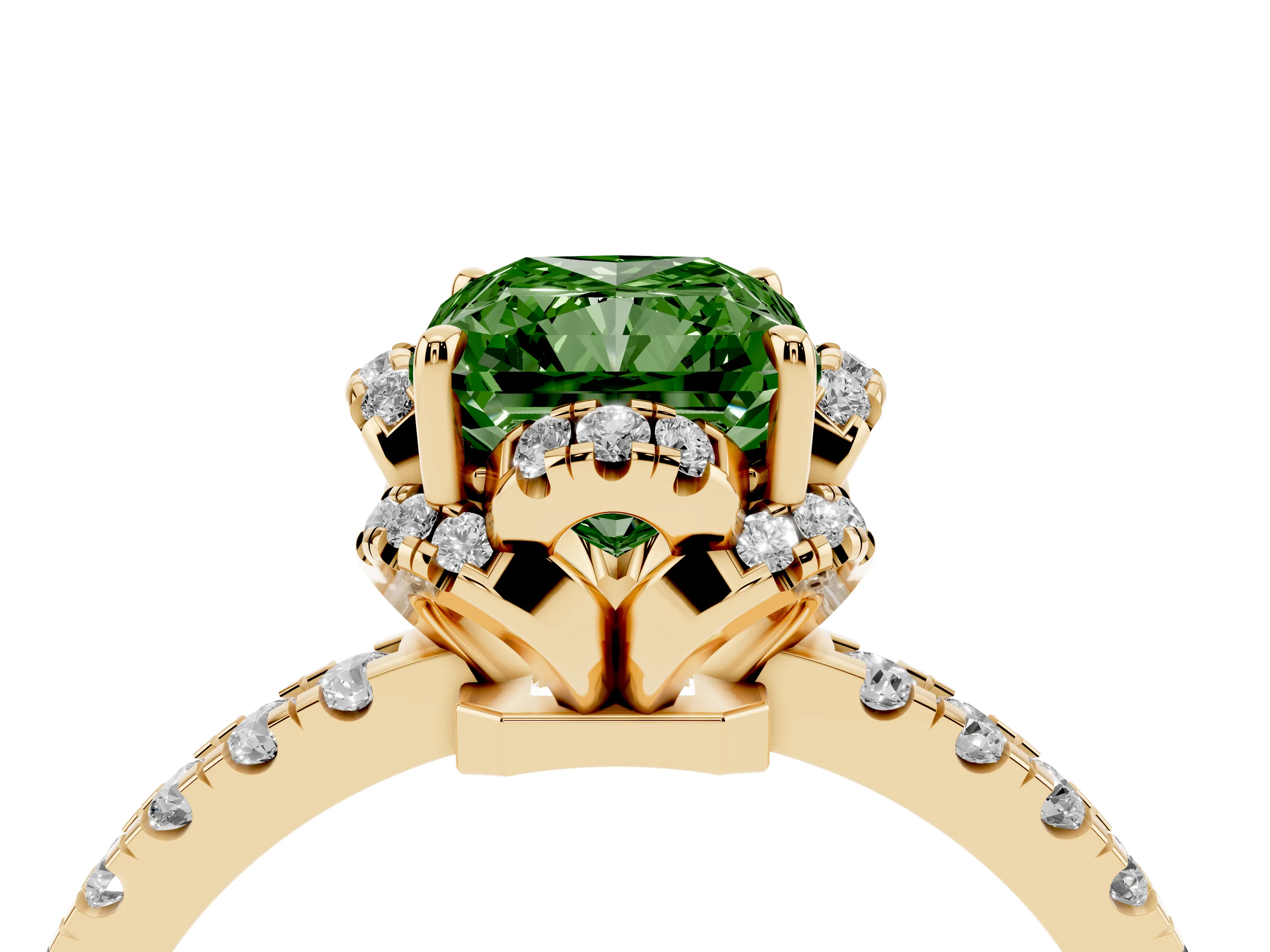 Fancy Green Radiant Cut Diamond Halo Pavé Band Ring Set in Yellow gold with Prong-Held Center