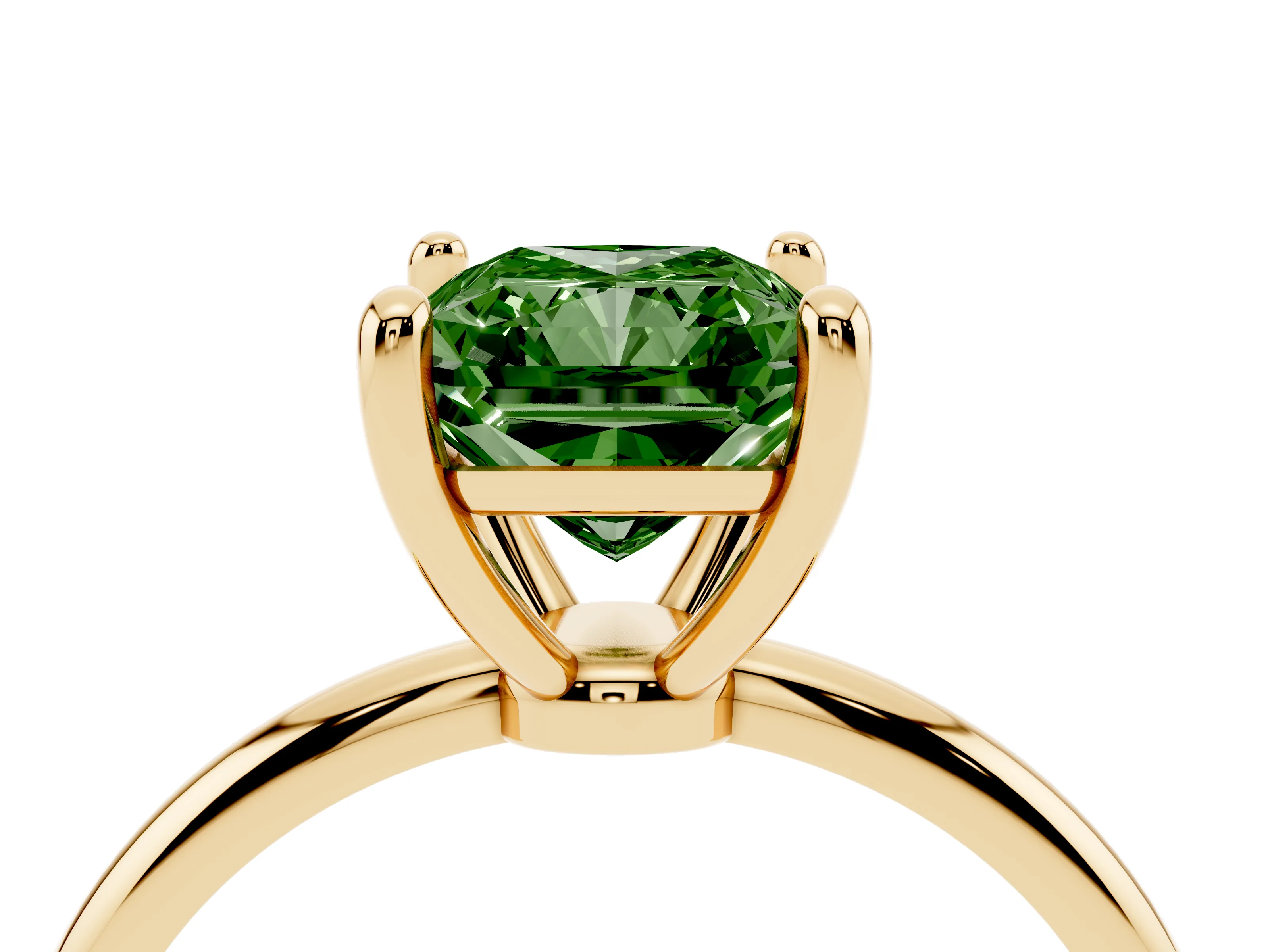 Fancy Green Radiant Cut Diamond Solitaire Ring Set in Yellow gold with Secure Prong Setting on a Classic Band