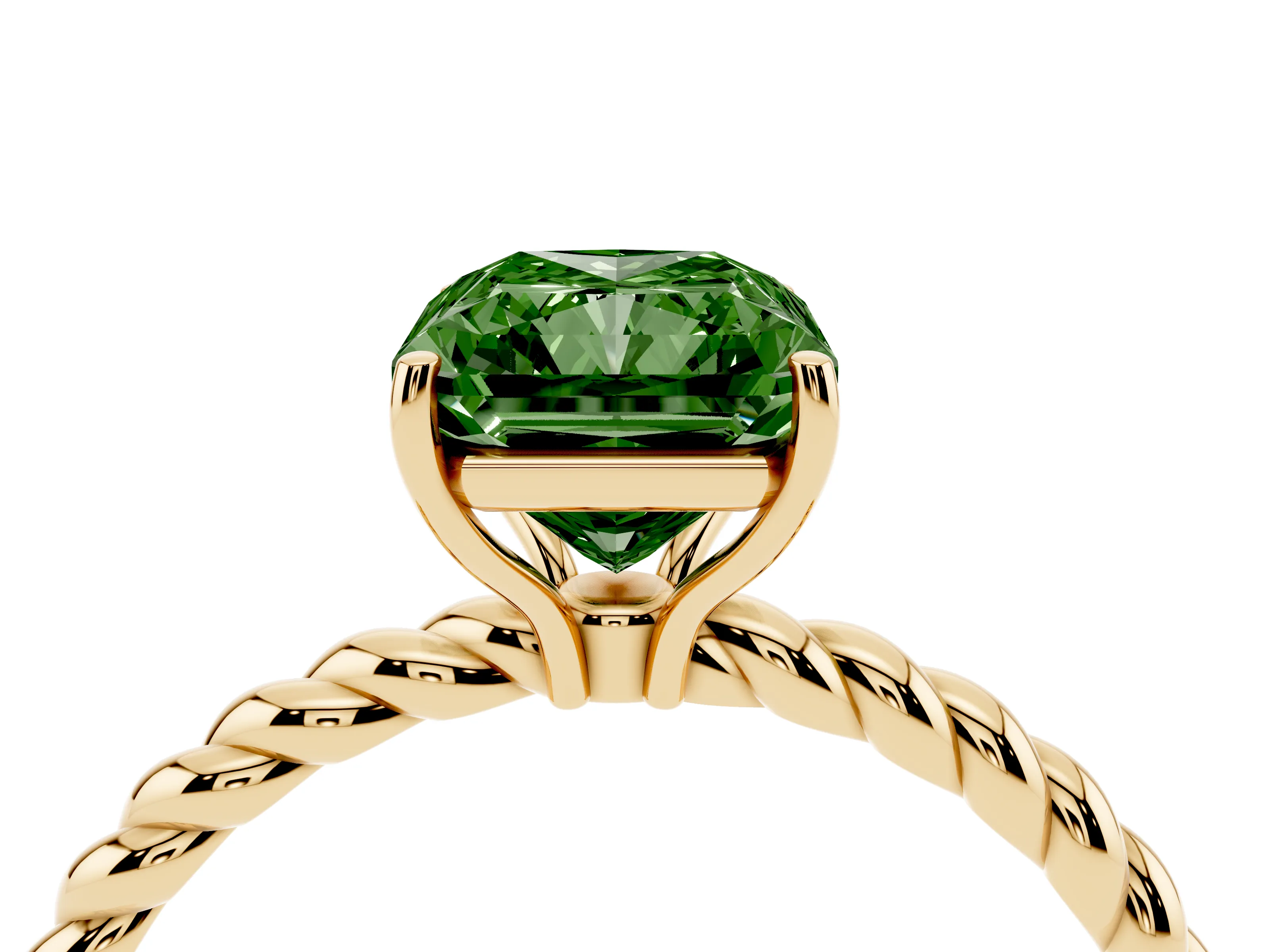 Fancy Green Radiant Cut Diamond Solitaire Ring Set in Yellow gold with Twist Band and Prong Setting