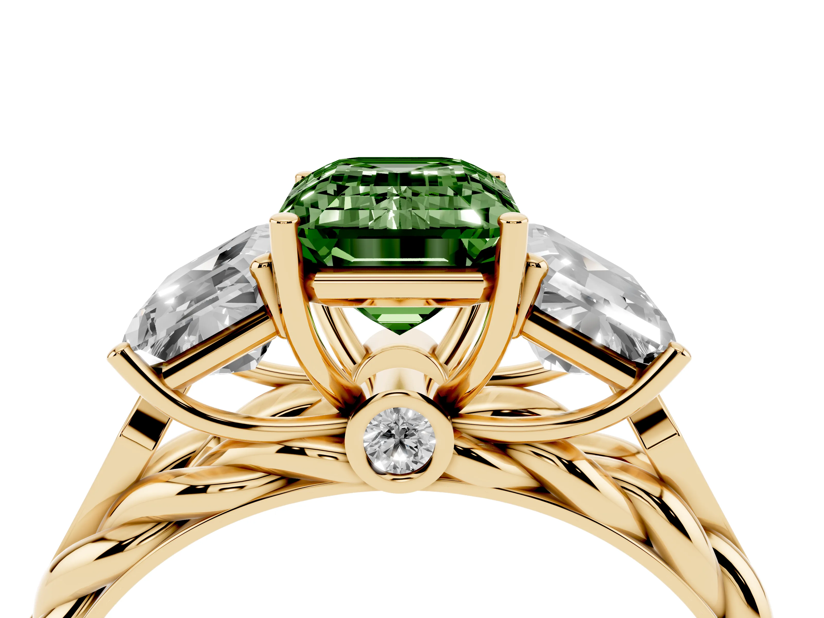 Fancy Green Radiant Cut Diamond Three-Stone Ring Set in Yellow gold with Braided Band