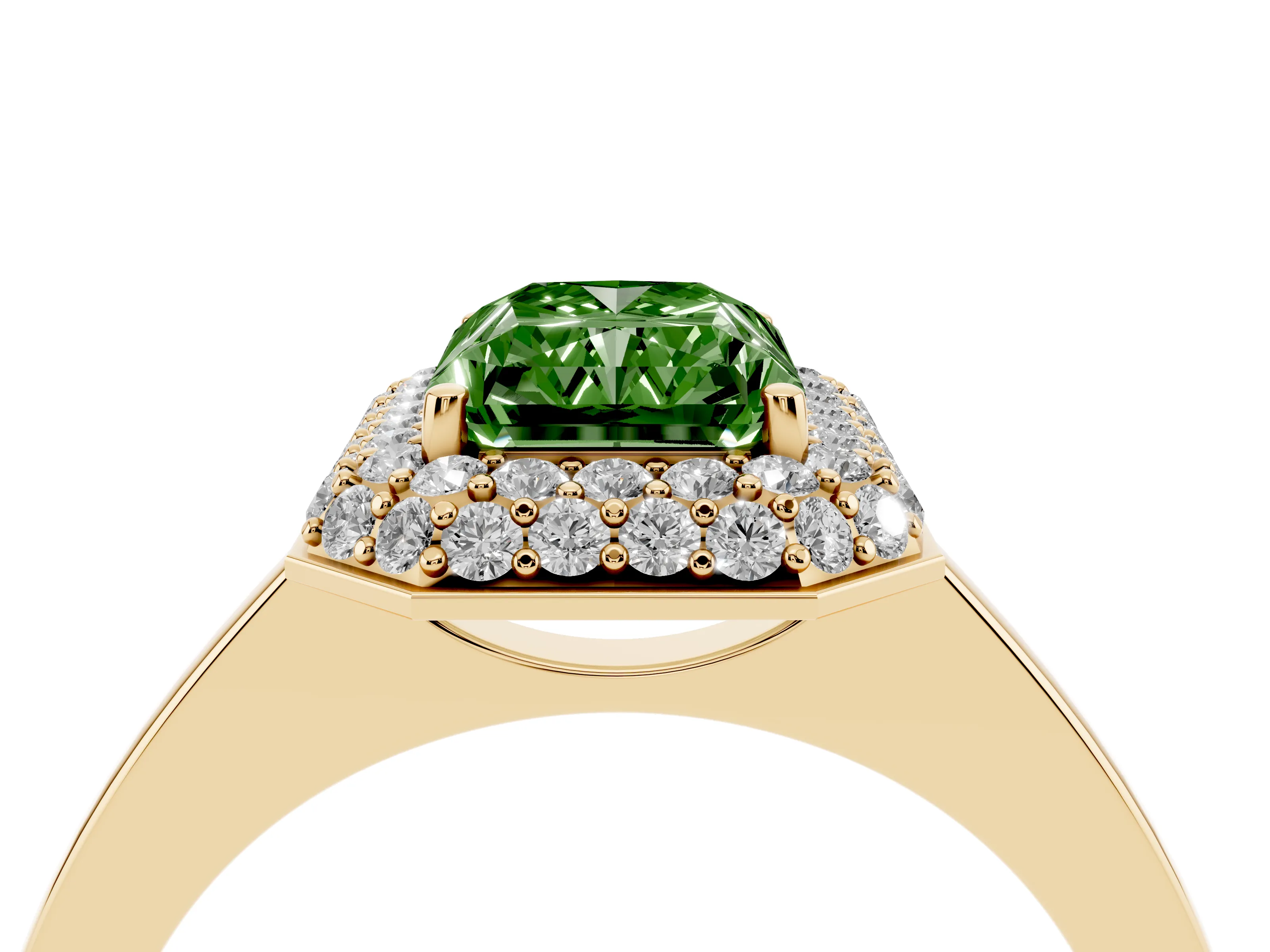 Fancy Green Radiant Cut Diamond Halo Engagement Ring Set in Yellow gold with Solitaire Band and Prong Setting