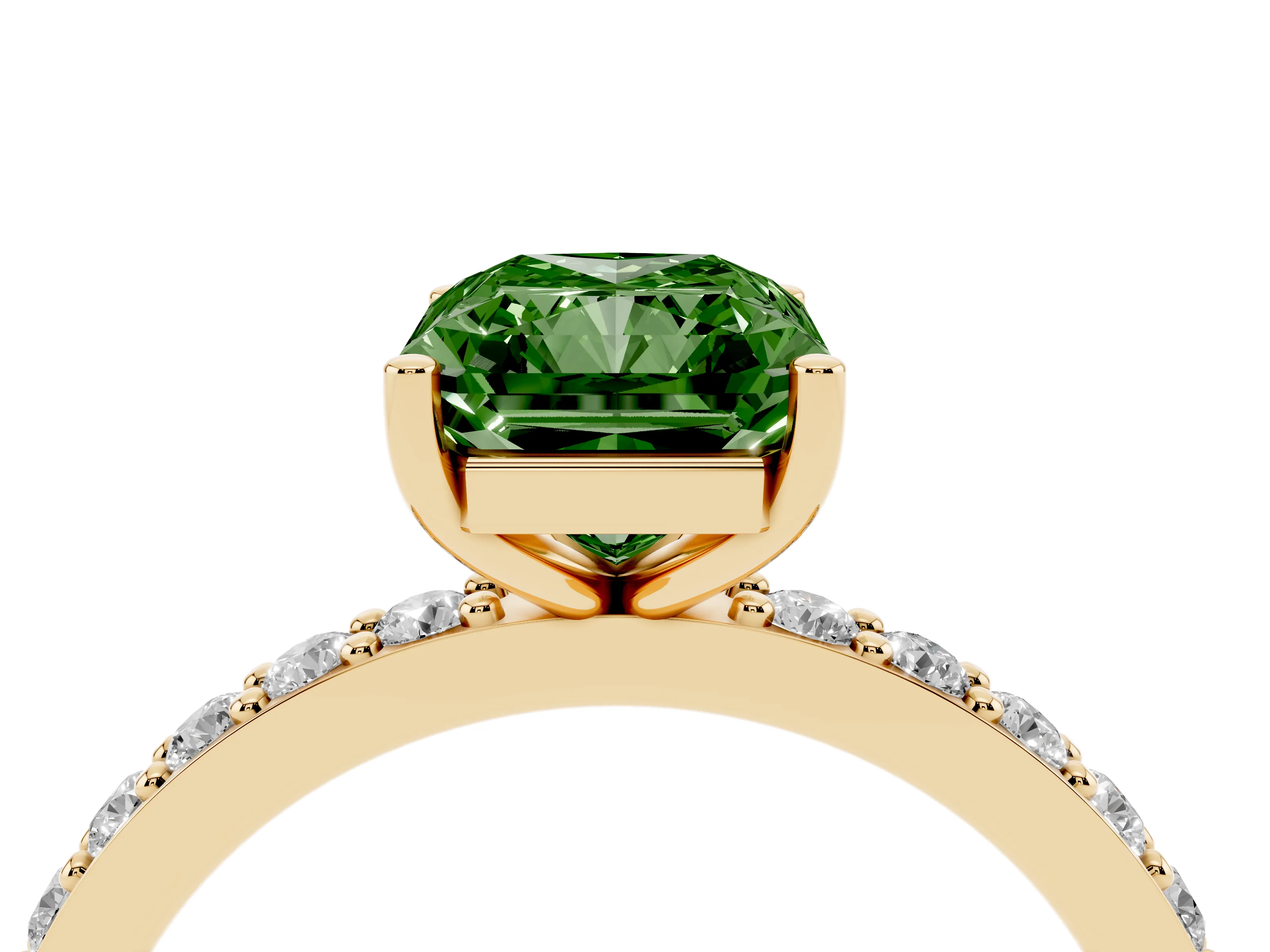 Fancy Green Radiant Cut Diamond Solitaire Set in Yellow gold with Round Pavé Band and Prong Setting