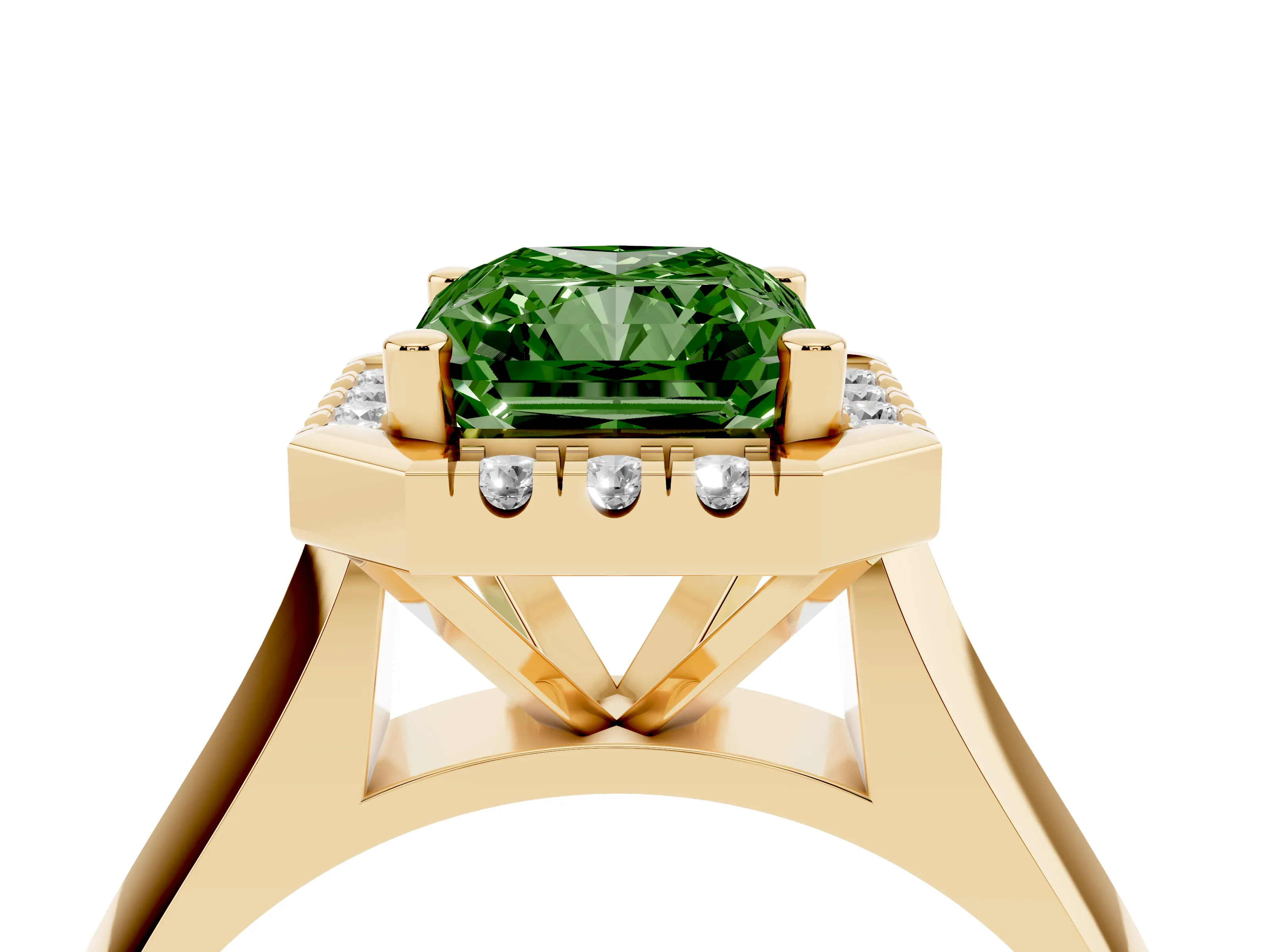 Fancy Green Radiant Cut Diamond Halo Solitaire Engagement Ring Set in Yellow gold with Square Band and Prong Setting