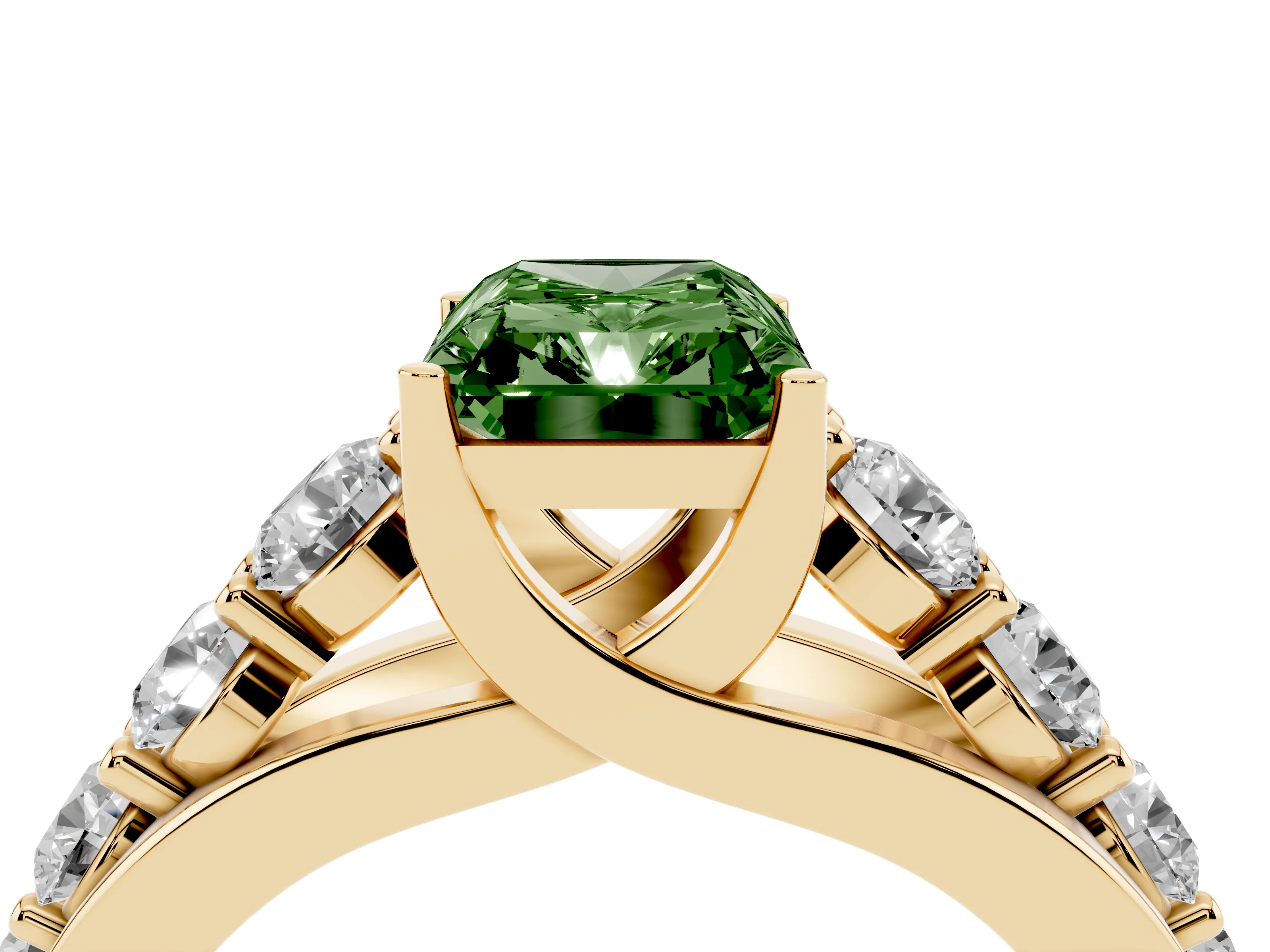 Fancy Green Radiant Cut Diamond Pavé Engagement Ring Set in Yellow gold with Prong Setting