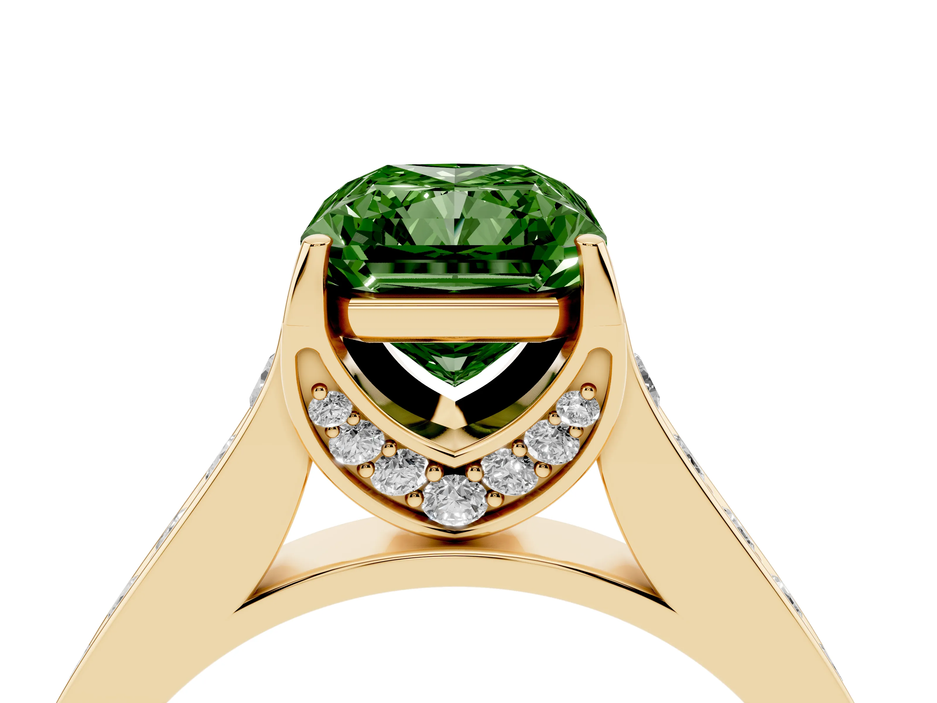 Fancy Green Radiant Cut Diamond Solitaire Pavé Engagement Ring Set in Yellow gold with Prong Setting