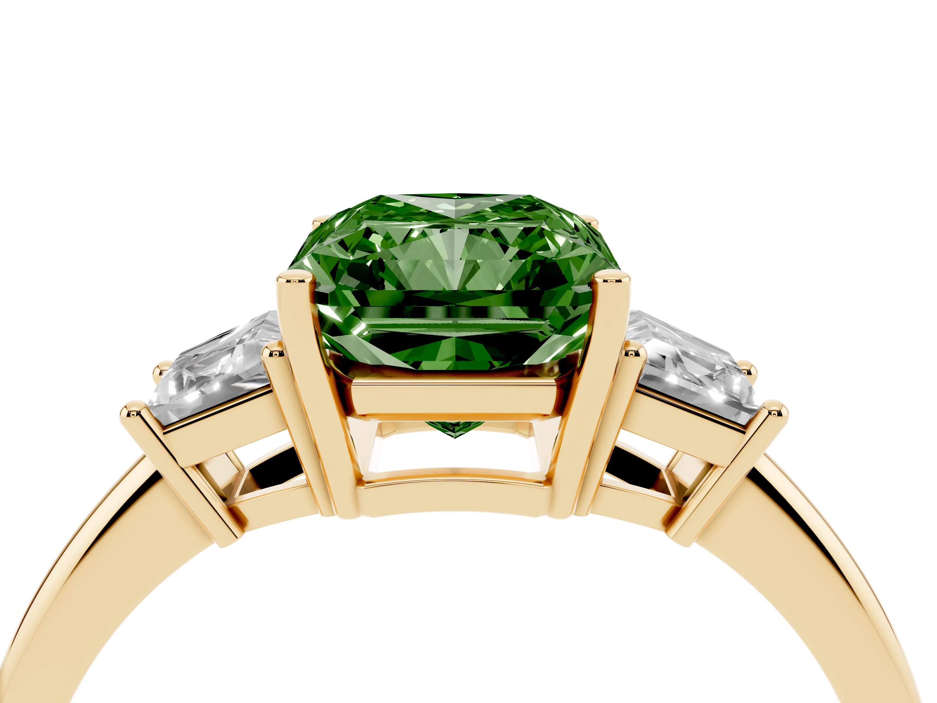 Fancy Green Radiant Cut Diamond Three-Stone Ring Set in Yellow gold with Trapezoid Side Stones and Prong Setting
