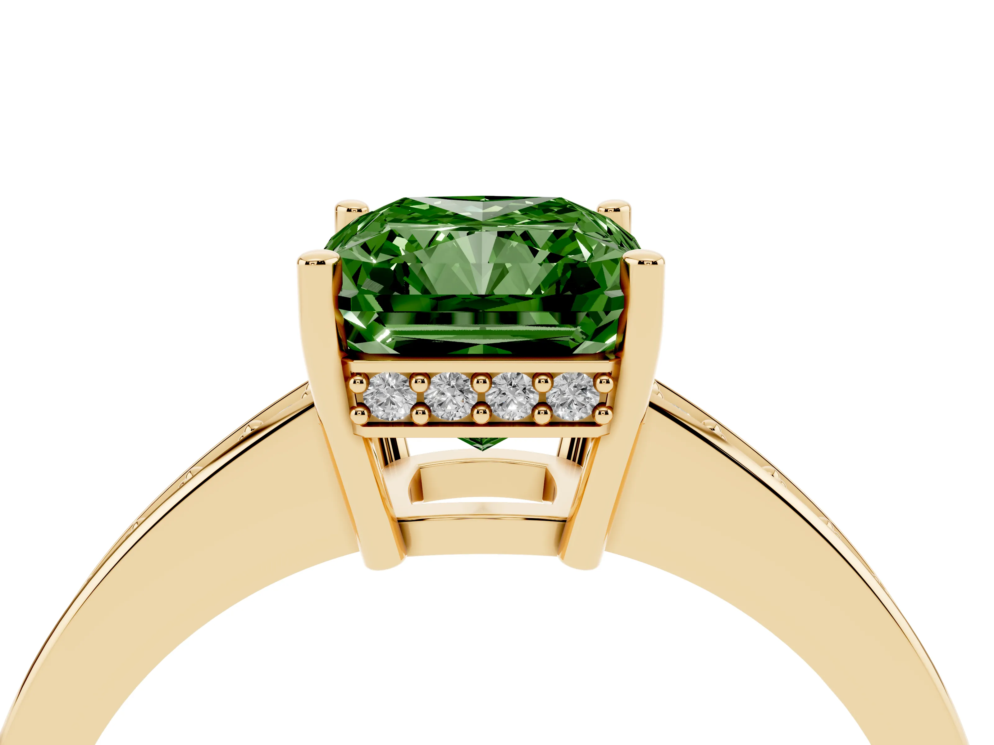 Fancy Green Radiant Cut Diamond Pavé Band Prong Set Solitaire Ring Set in Yellow gold
