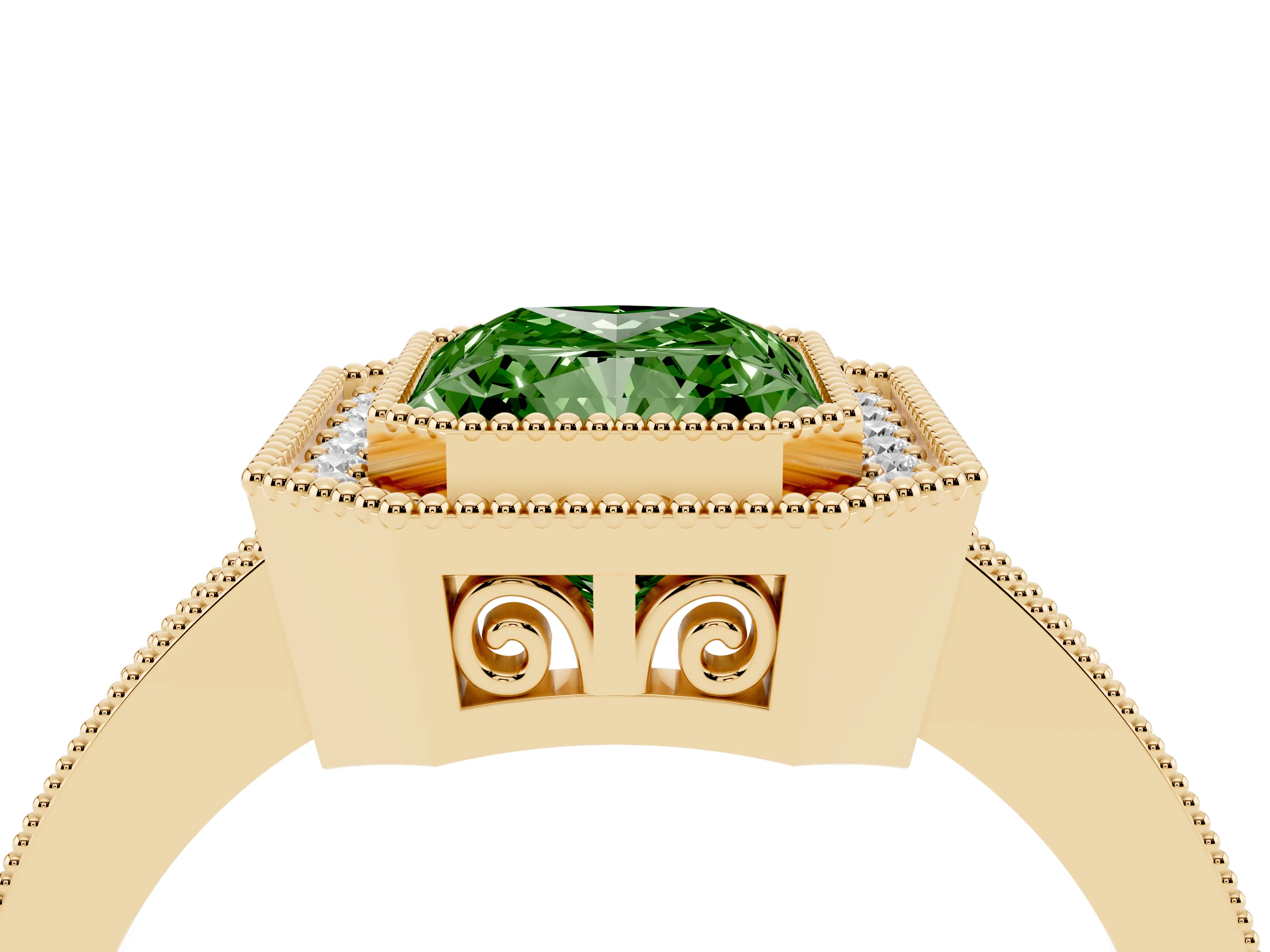 Fancy Green Radiant Cut Diamond Round Halo Ring Set in Yellow gold with Pavé Band