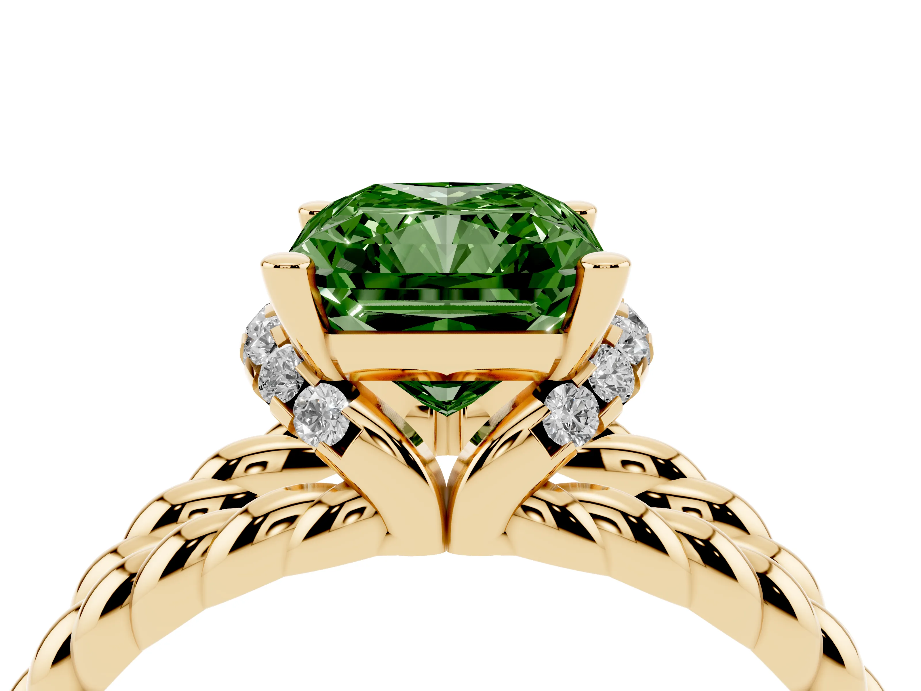 Fancy Green Radiant Cut Diamond Halo Ring Set in Yellow gold with Twisted Band and Prong Setting