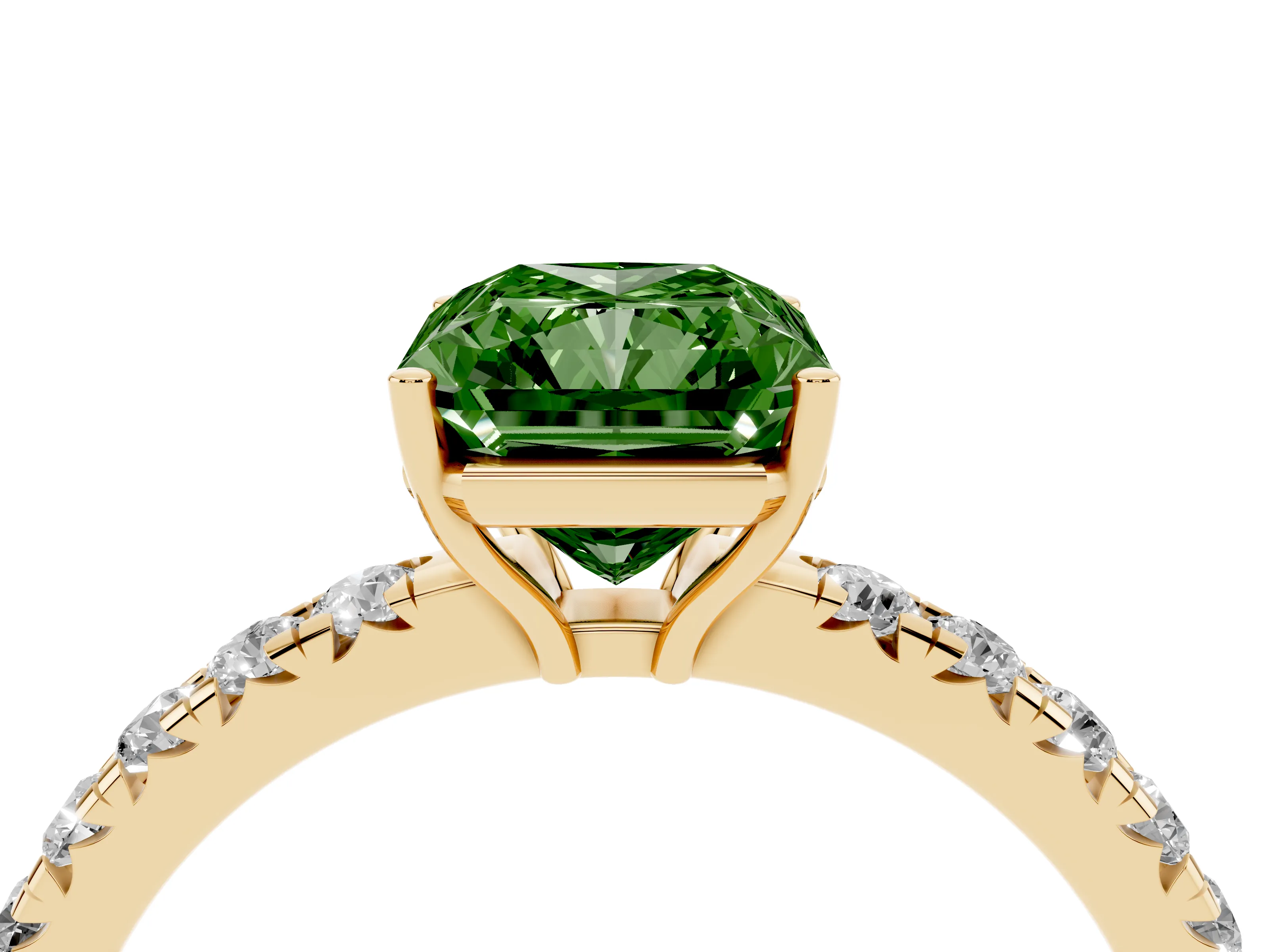 Fancy Green Radiant Cut Diamond Pavé Solitaire Engagement Ring Set in Yellow gold with Prong Setting