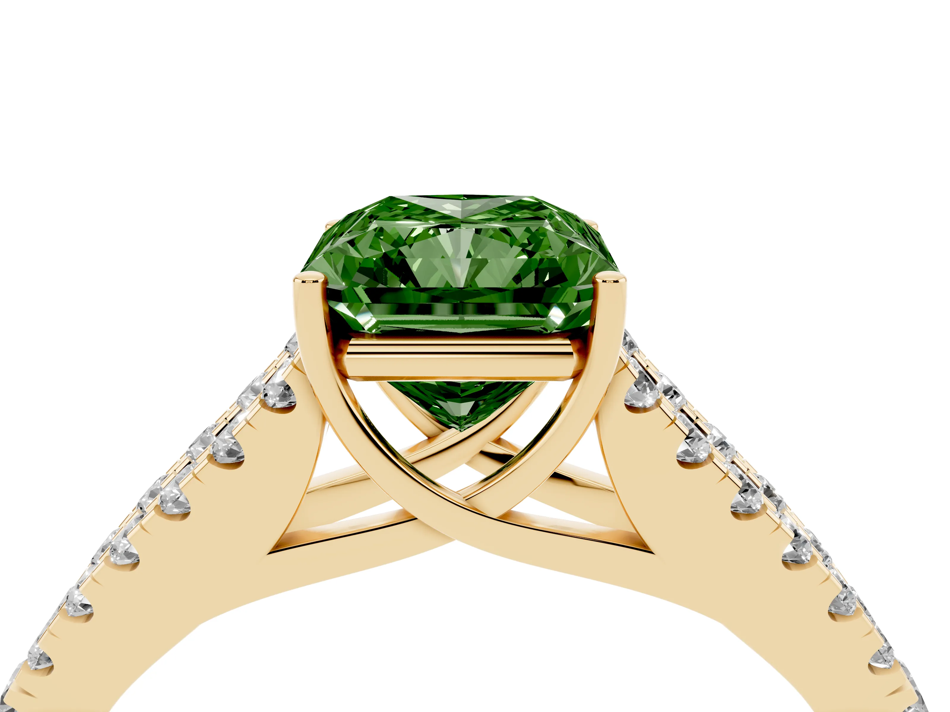 Fancy Green Radiant Cut Diamond Split Shank Pavé Engagement Ring Set in Yellow gold with Prong-Held Center Stone