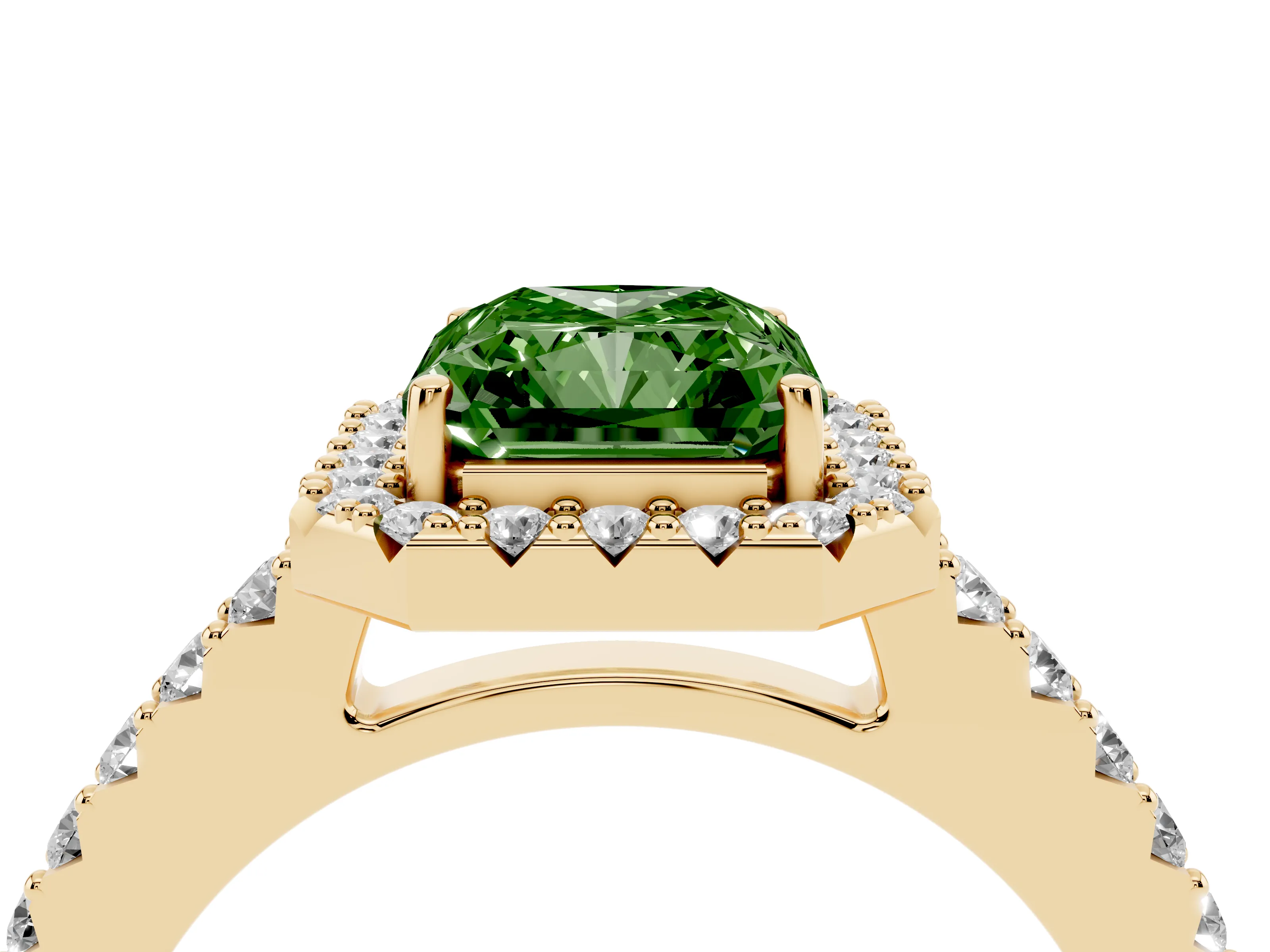 Fancy Green Radiant Cut Diamond Halo Pavé Solitaire Ring Set in Yellow gold with Prong-Set Center Stone