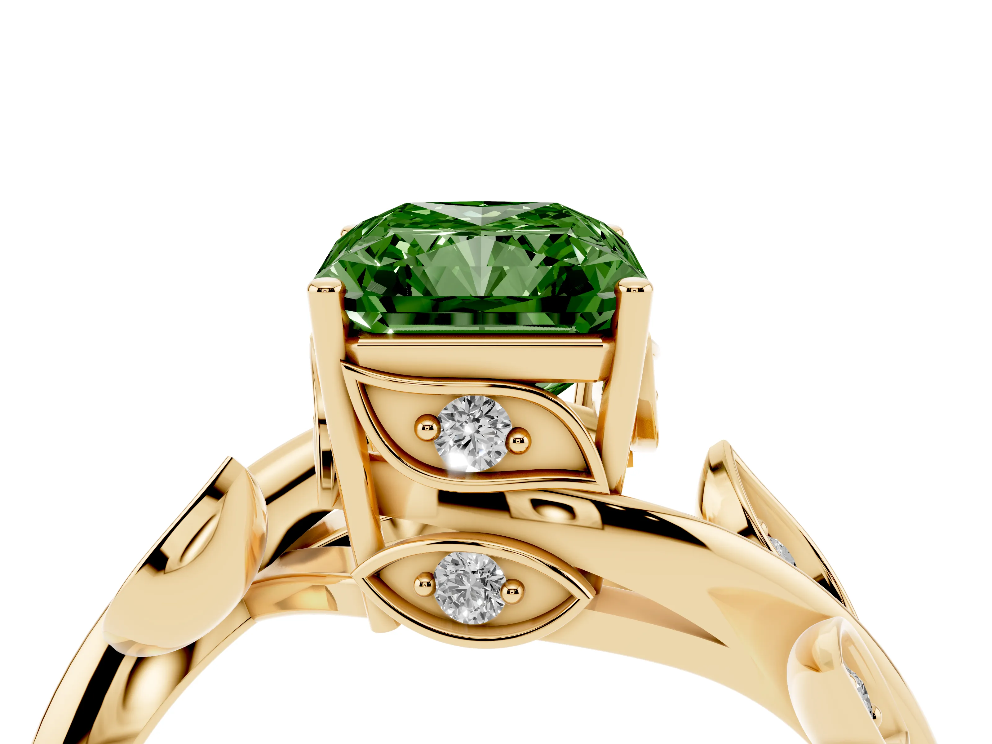 Fancy Green Radiant Cut Diamond Solitaire Twist Engagement Ring Set in Yellow gold with Pavé Leaf Accents
