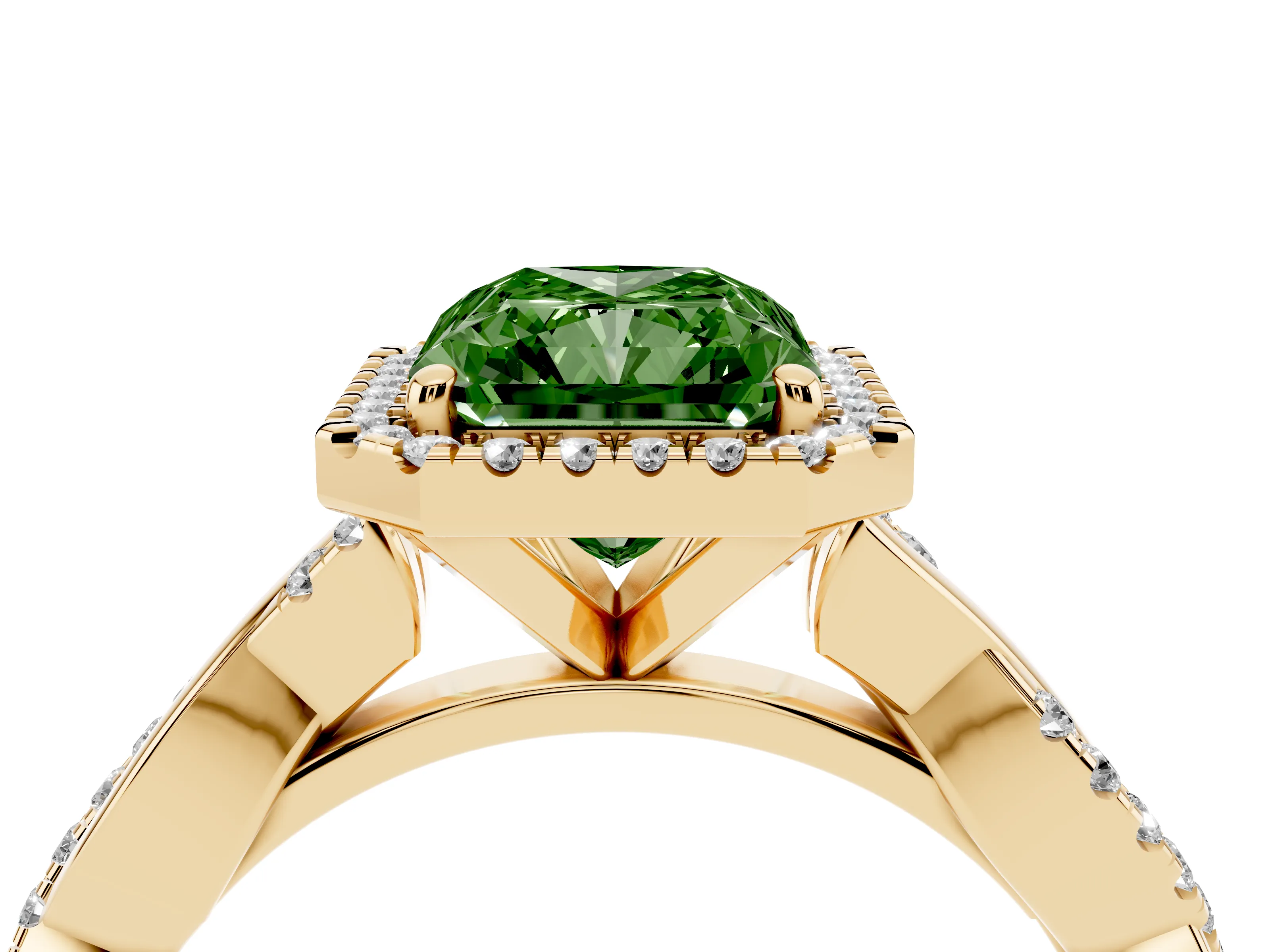 Fancy Green Radiant Cut Diamond Halo Twisted Band Ring Set in Yellow gold with Prong Setting